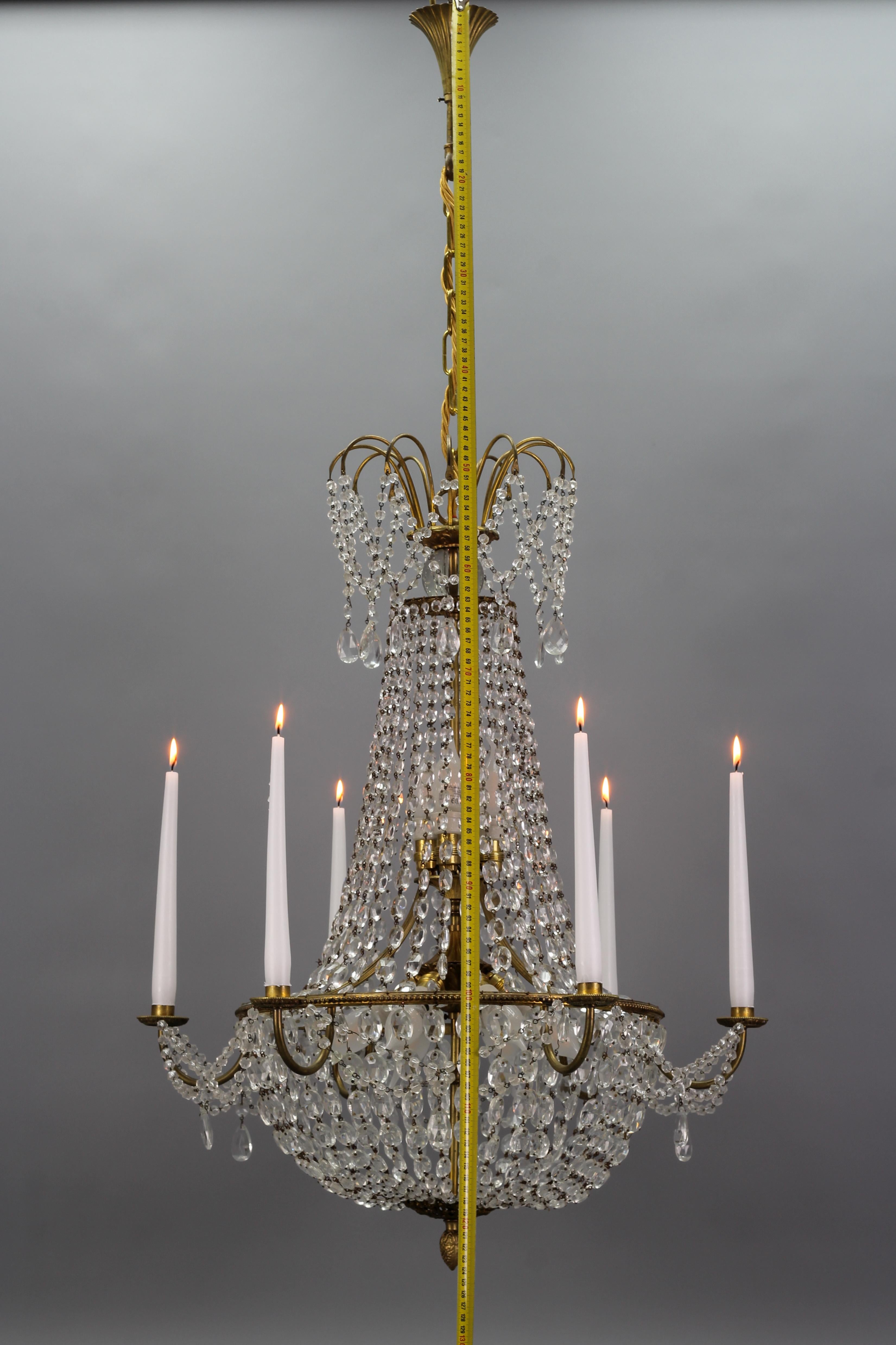 French Louis XVI Style Brass and Crystal Basket Nine-Light Chandelier For Sale 16