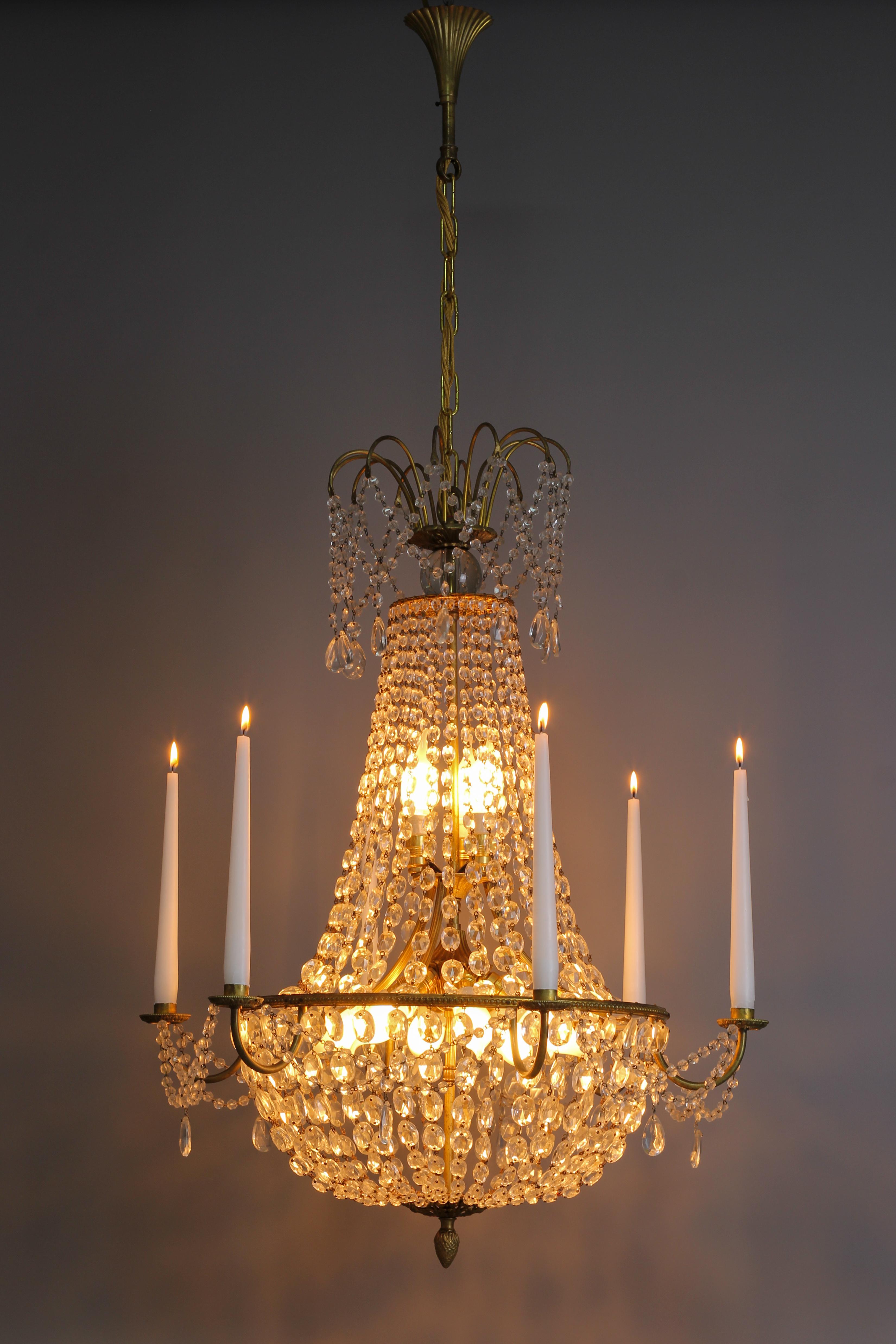 19th Century French Louis XVI Style Brass and Crystal Basket Nine-Light Chandelier For Sale