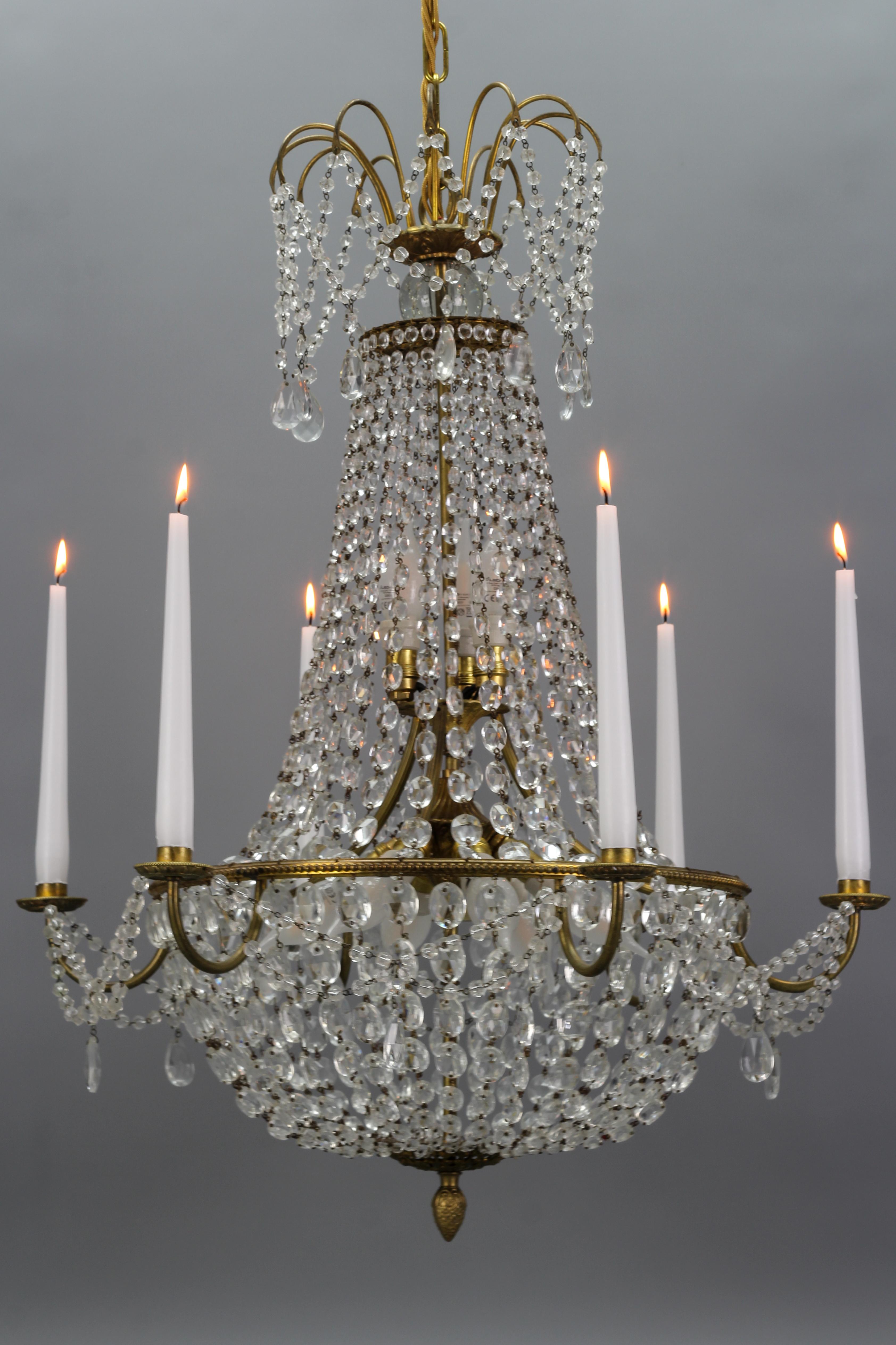 French Louis XVI Style Brass and Crystal Basket Nine-Light Chandelier For Sale 4