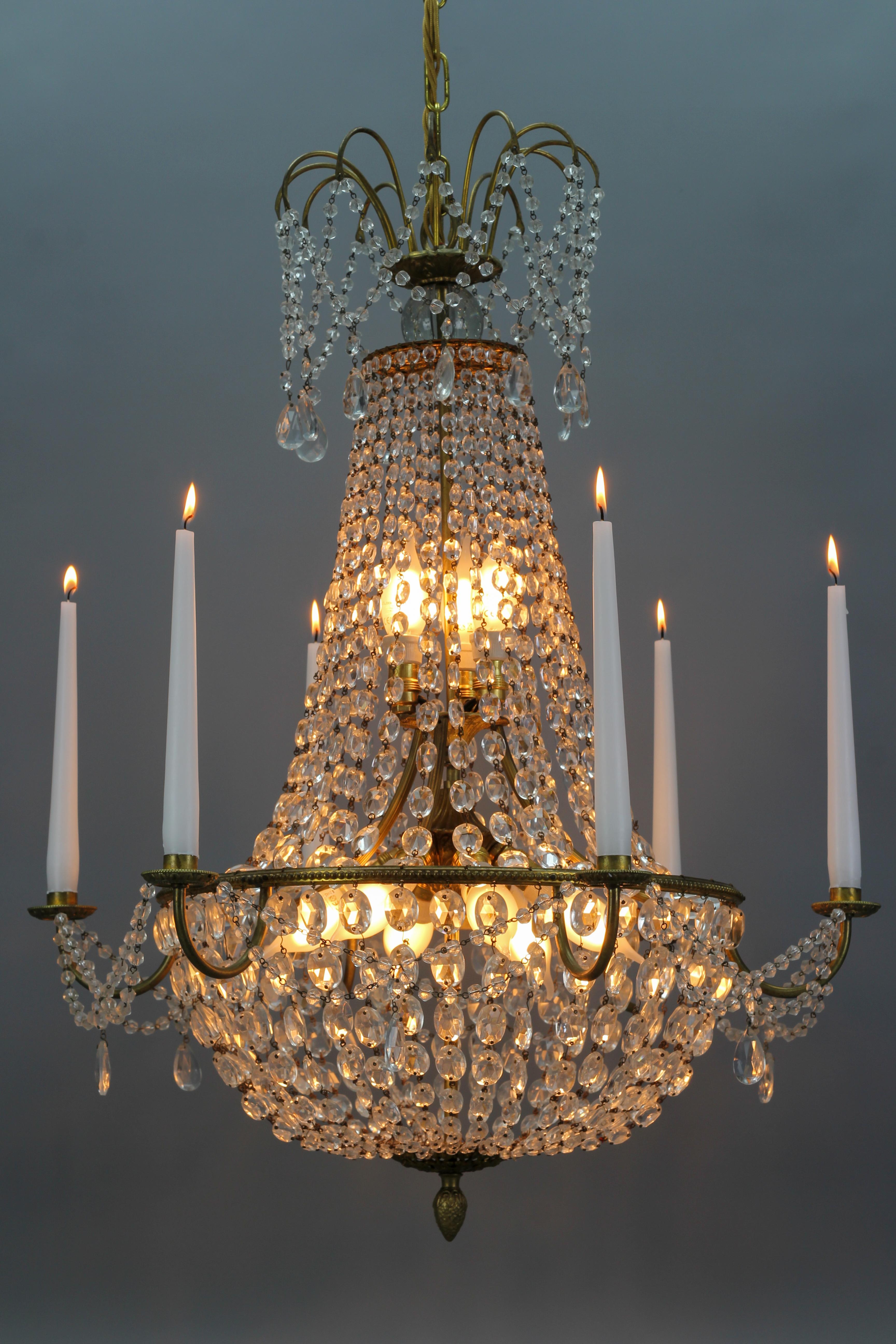 French Louis XVI Style Brass and Crystal Basket Nine-Light Chandelier For Sale 5