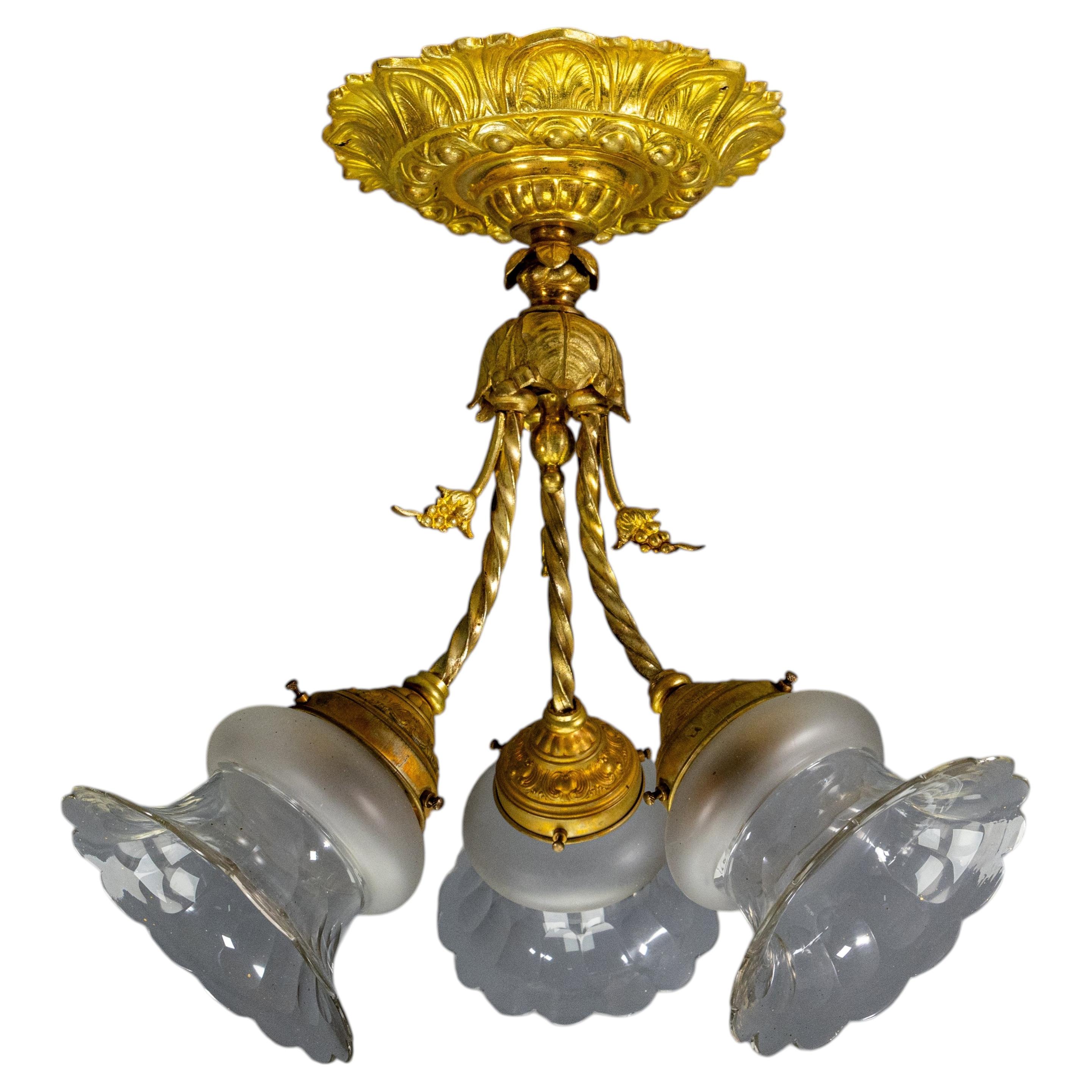 French Louis XVI Style Brass and Glass Semi Flush Mount Ceiling Light, 1920