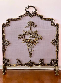 French Louis XVI Style Brass Fireplace Screen with Aged Patina Finish