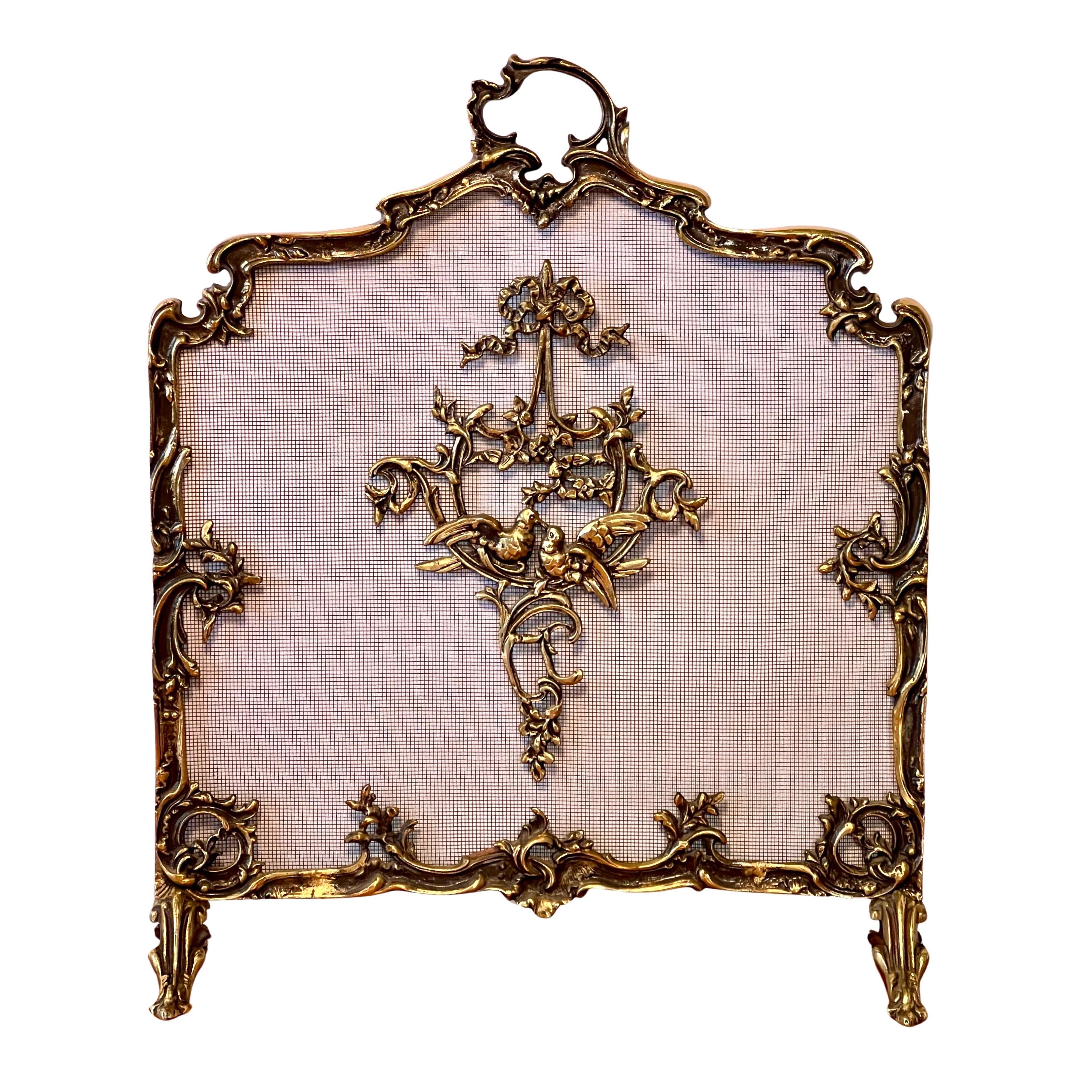 French Louis XVI Style Brass Fireplace Screen with Aged Patina Finish