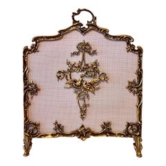 French Louis XVI Style Brass Fireplace Screen with Aged Patina Finish
