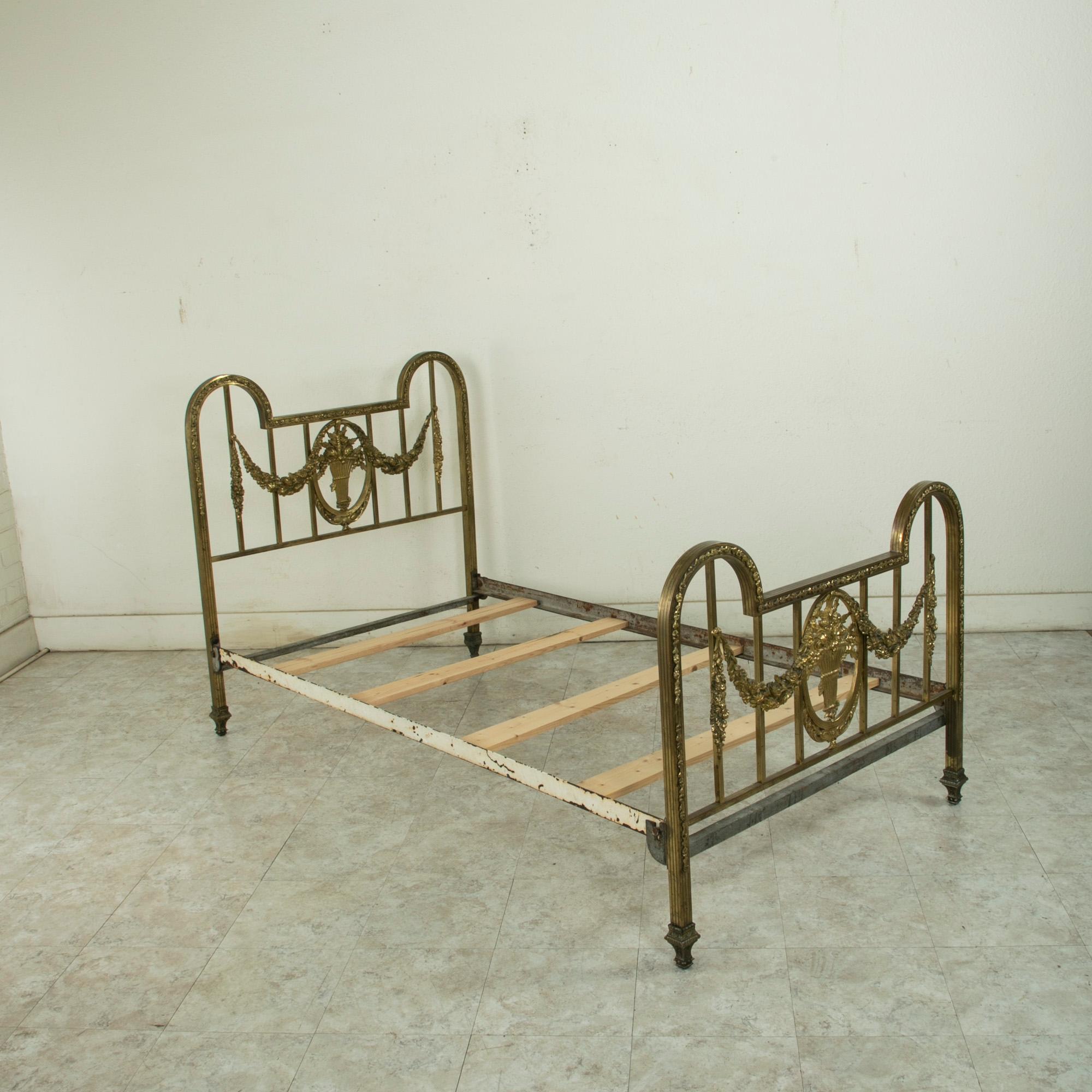 French Louis XVI Style Brass Twin Bed with Basket and Garlands, circa 1900 1