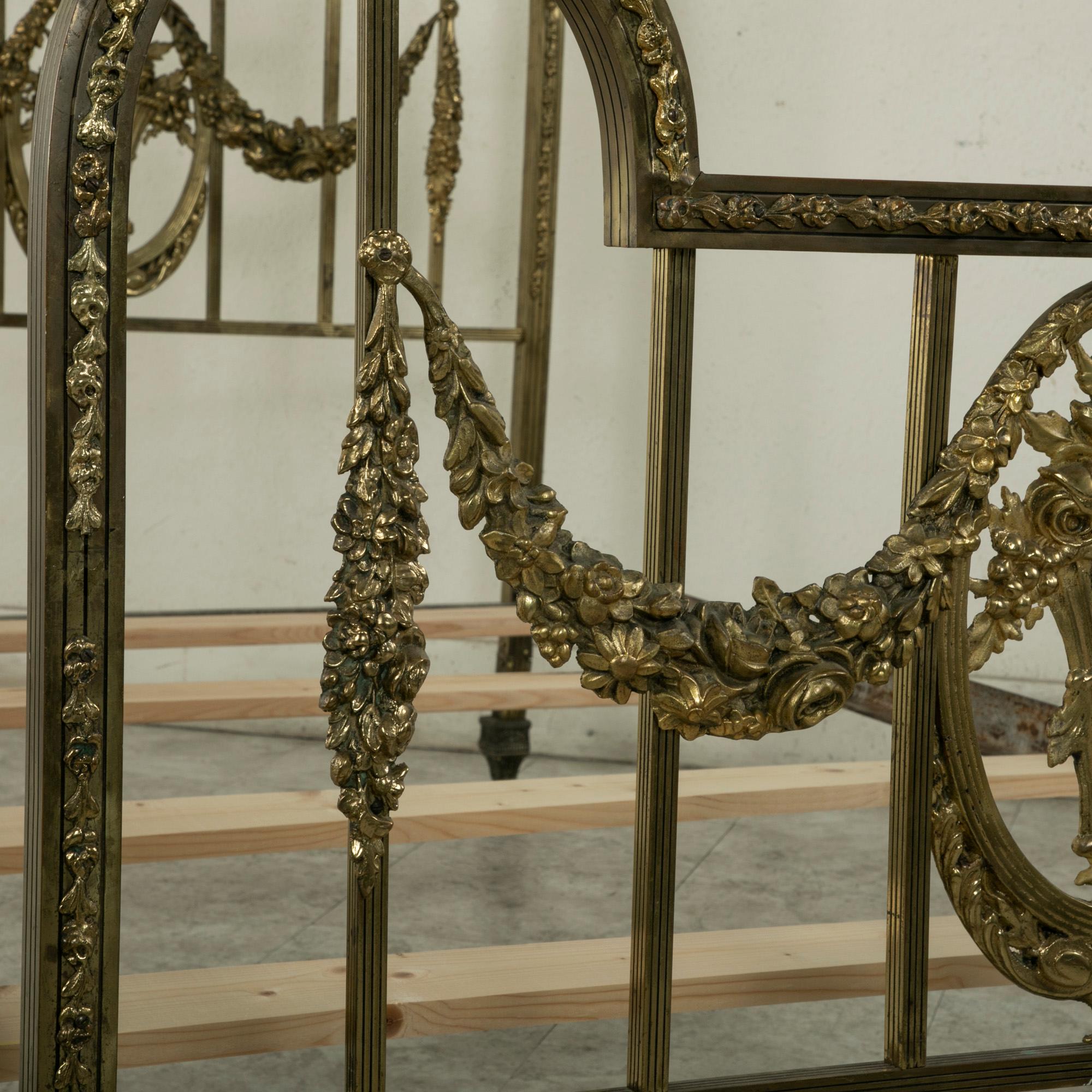 French Louis XVI Style Brass Twin Bed with Basket and Garlands, circa 1900 2
