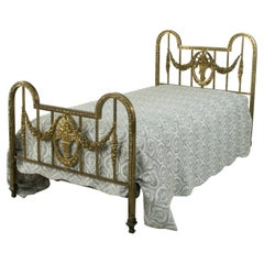 French Louis XVI Style Brass Twin Bed with Basket and Garlands, circa 1900