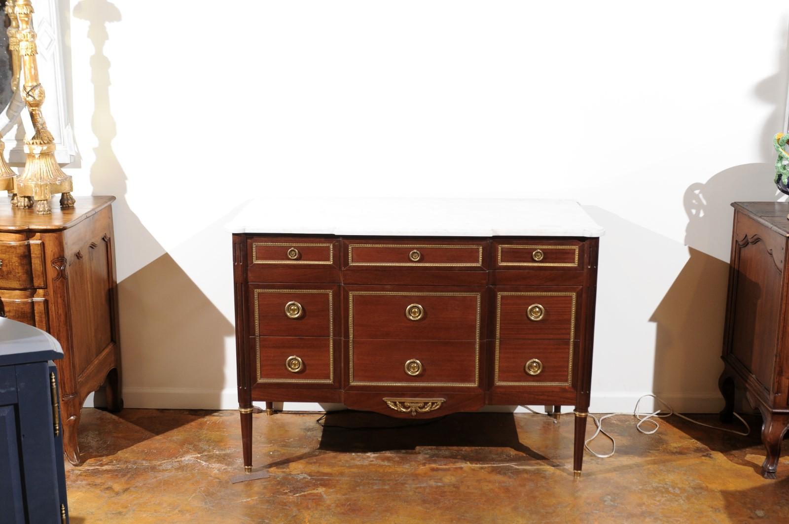 20th Century French Louis XVI Style Breakfront Commode with White Marble Top and Gilt Motifs