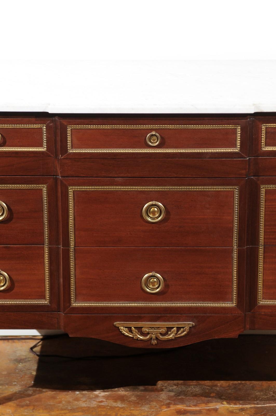 French Louis XVI Style Breakfront Commode with White Marble Top and Gilt Motifs 1