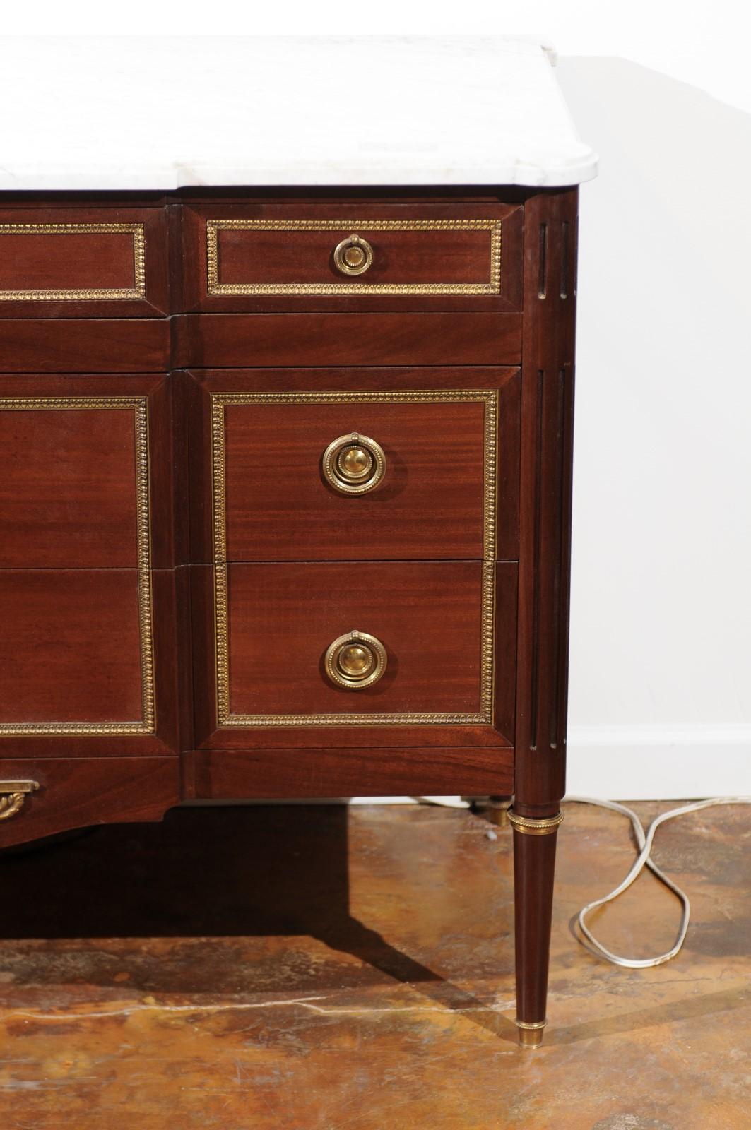 French Louis XVI Style Breakfront Commode with White Marble Top and Gilt Motifs 2