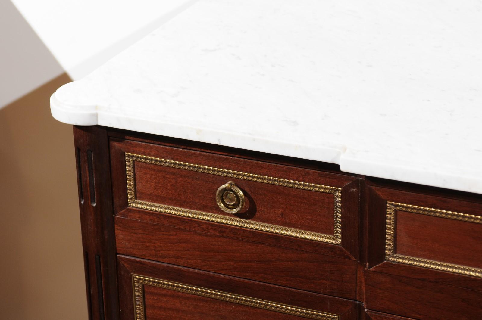 French Louis XVI Style Breakfront Commode with White Marble Top and Gilt Motifs 3