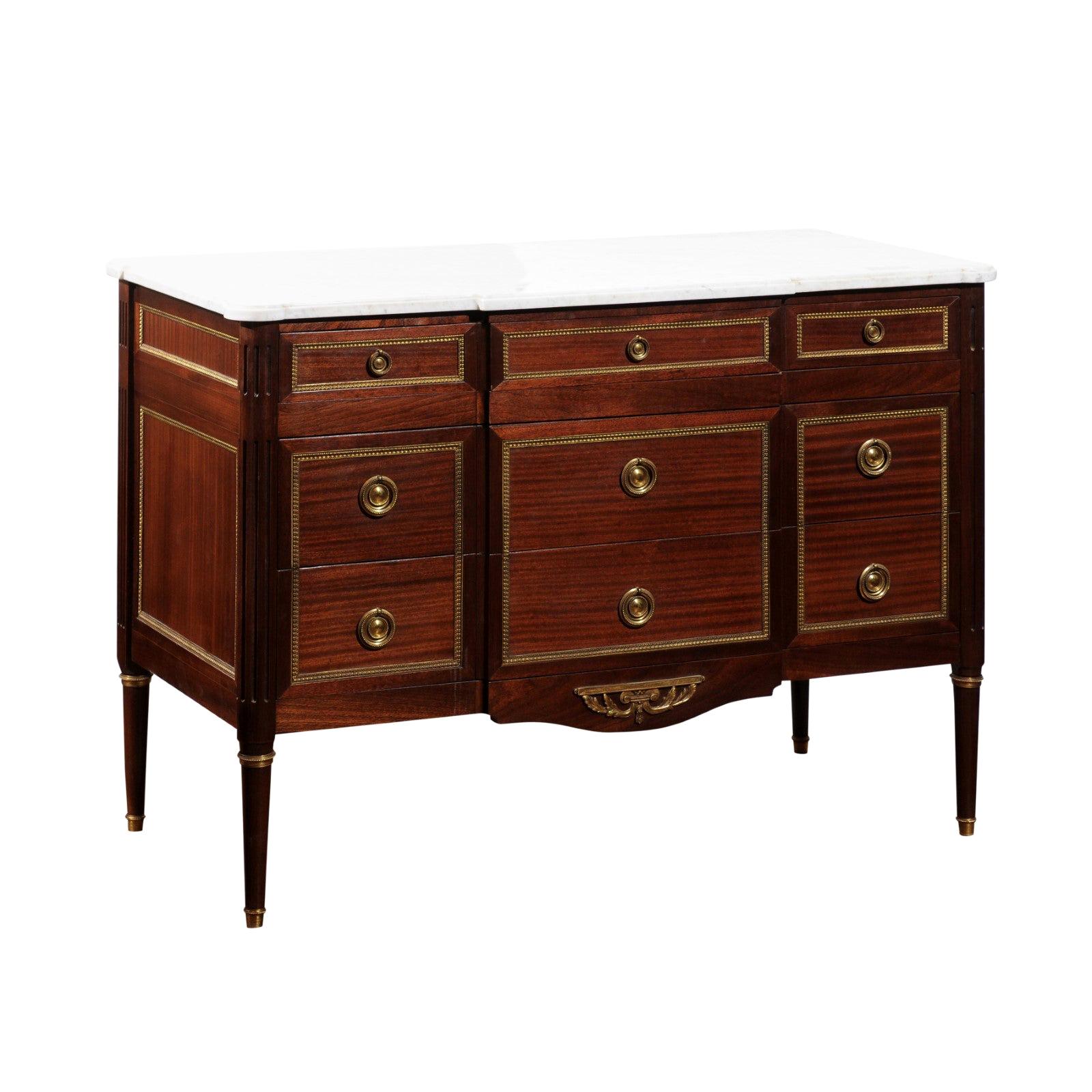French Louis XVI Style Breakfront Commode with White Marble Top and Gilt Motifs