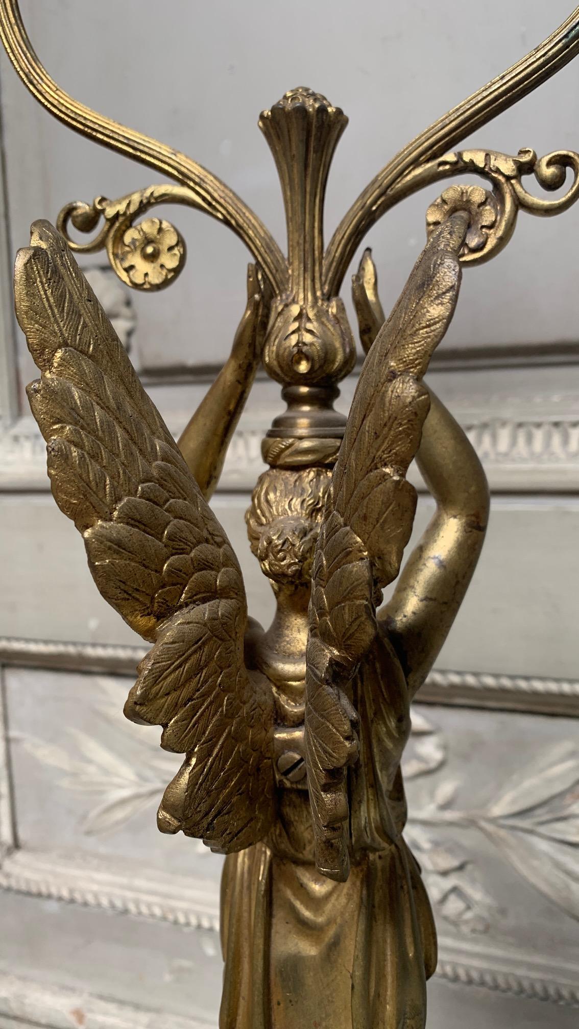 French Louis XVI Style Bronze and Sienna Marble Lamp of Winged Victory For Sale 2