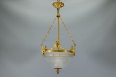 French Louis XVI–Style Bronze and Brass Pendant with Frosted Cut Glass, 1920
