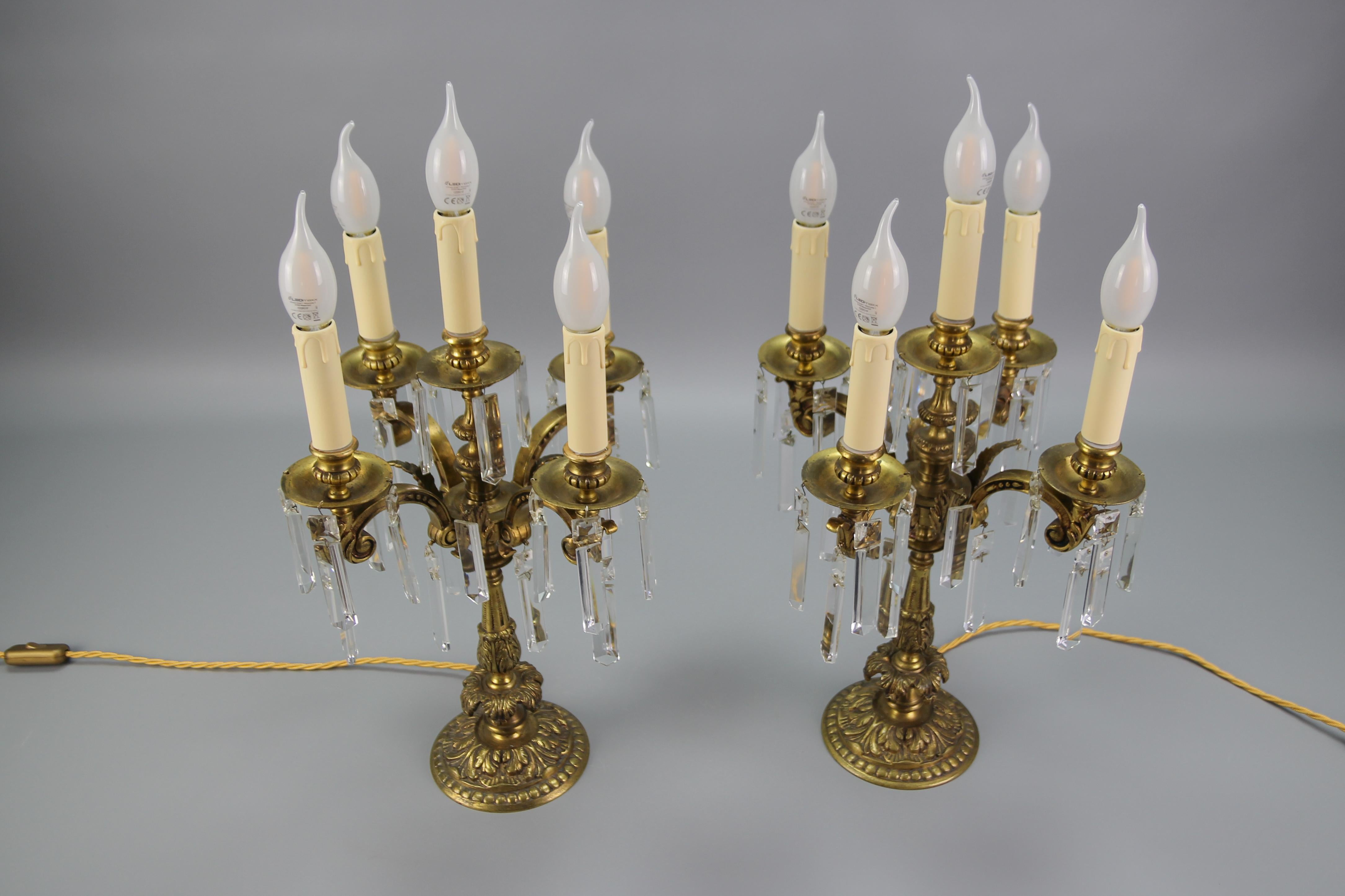 French Louis XVI Style Bronze and Crystal Candelabra Table Lamps, Set of 2 For Sale 10