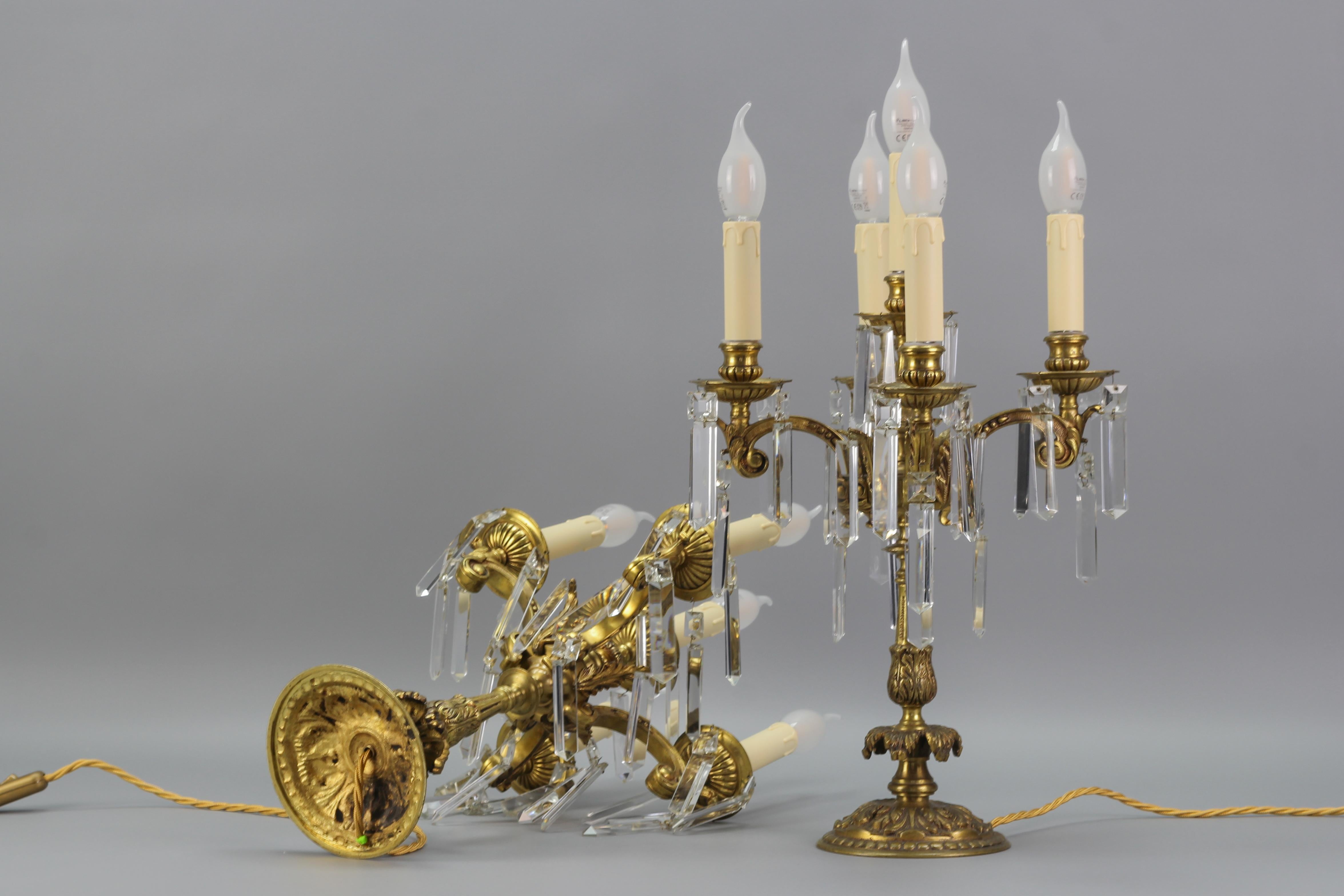 French Louis XVI Style Bronze and Crystal Candelabra Table Lamps, Set of 2 For Sale 11
