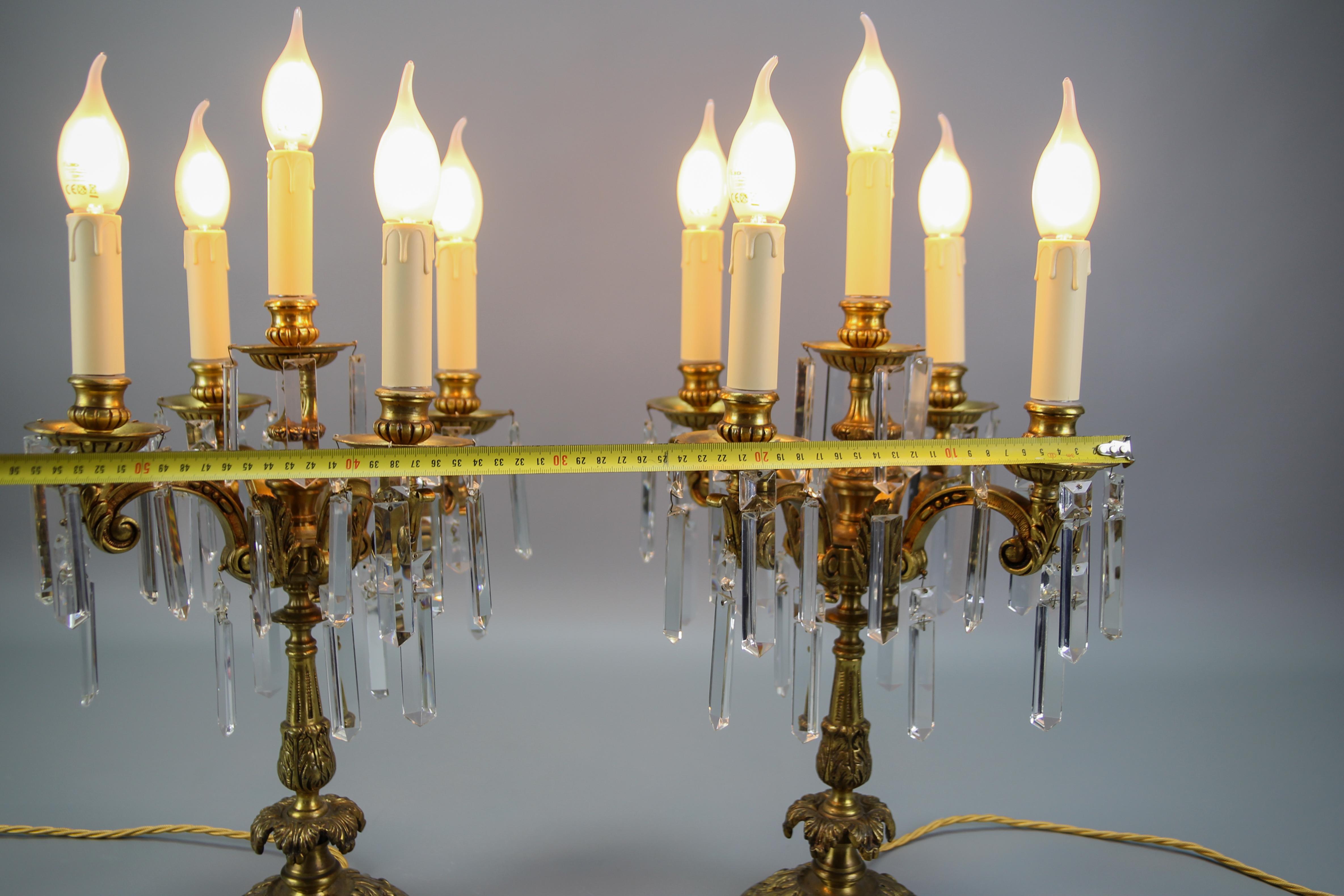French Louis XVI Style Bronze and Crystal Candelabra Table Lamps, Set of 2 For Sale 13
