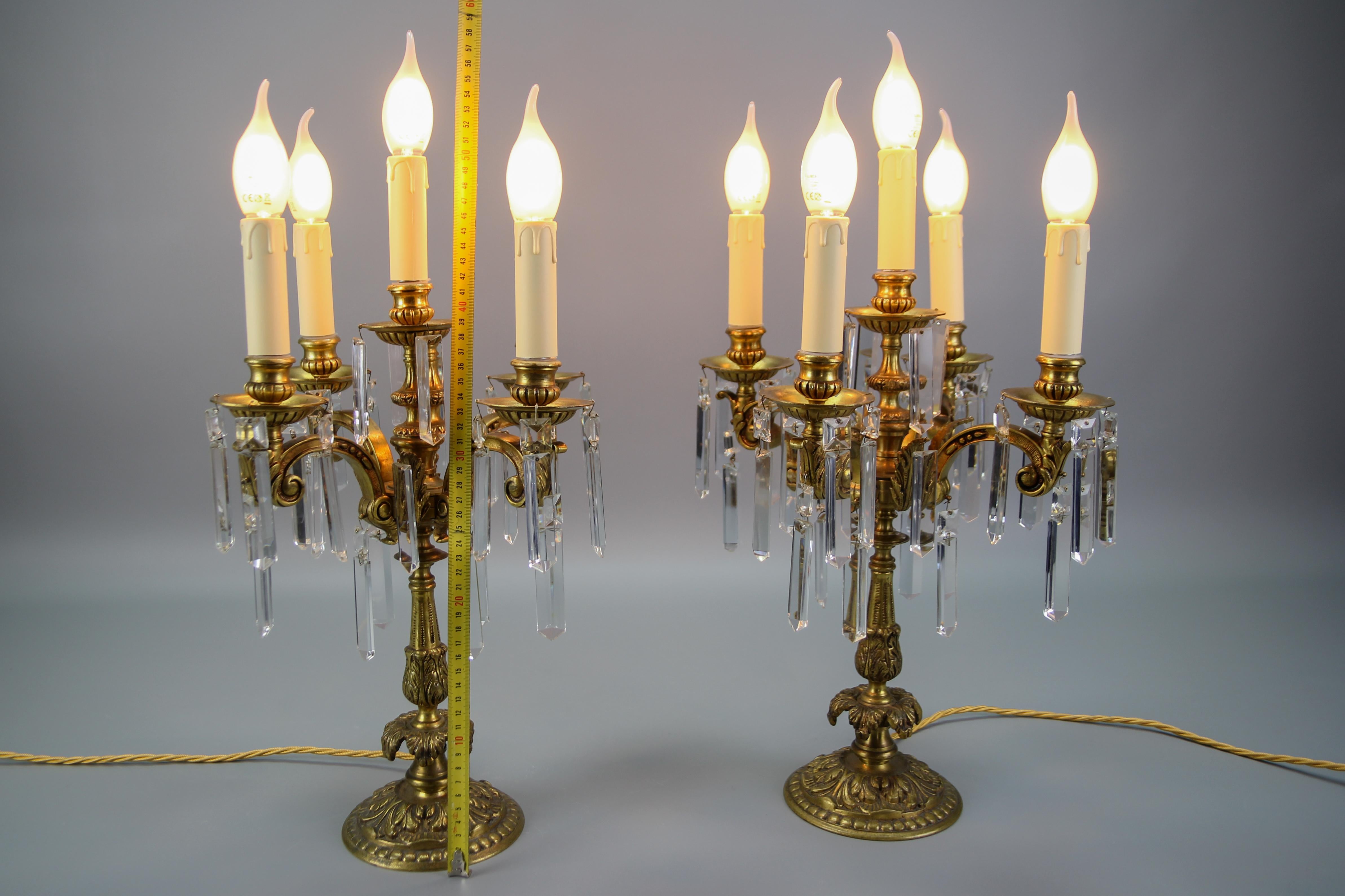 French Louis XVI Style Bronze and Crystal Candelabra Table Lamps, Set of 2 For Sale 14