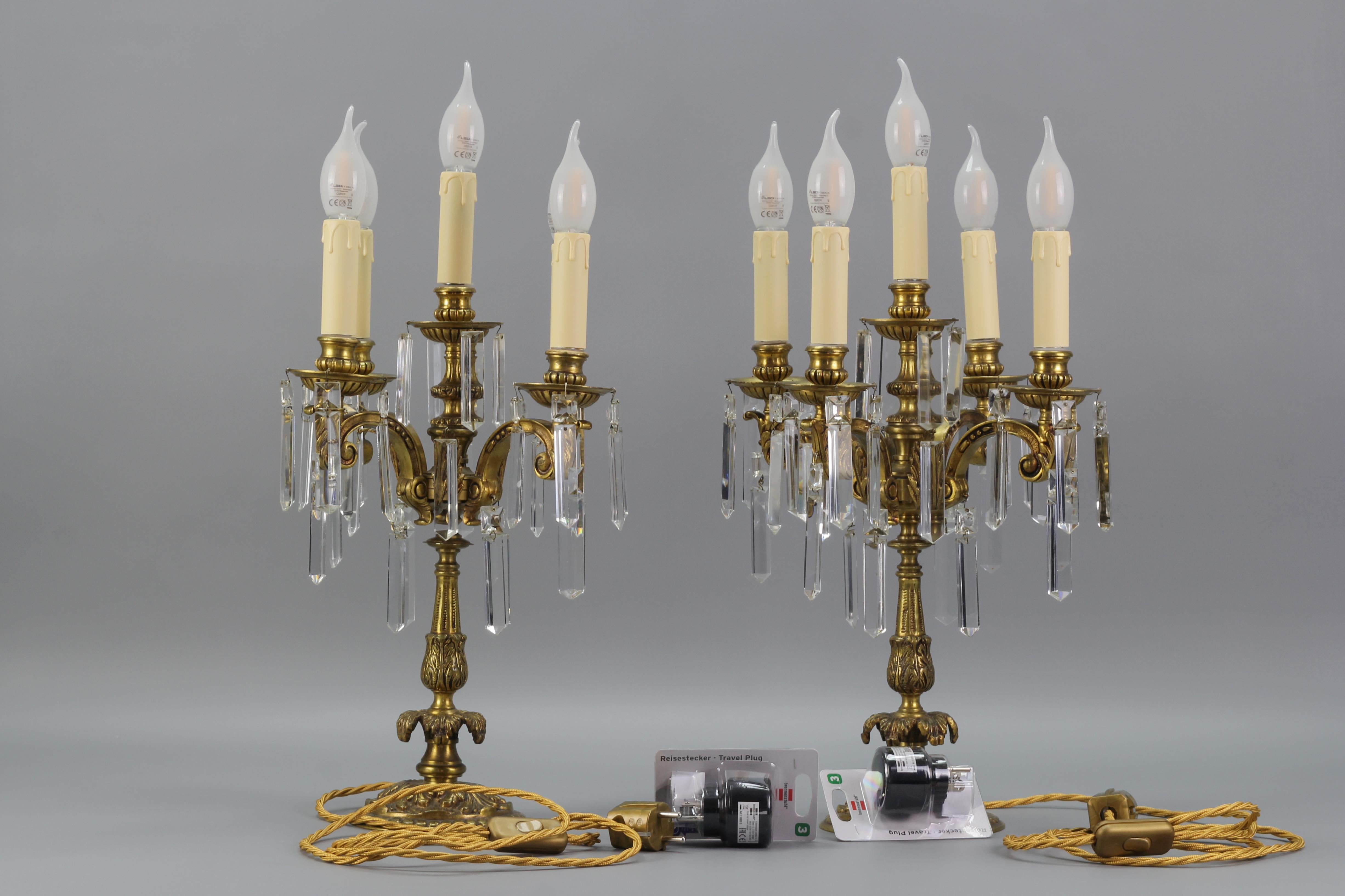 French Louis XVI Style Bronze and Crystal Candelabra Table Lamps, Set of 2 For Sale 15