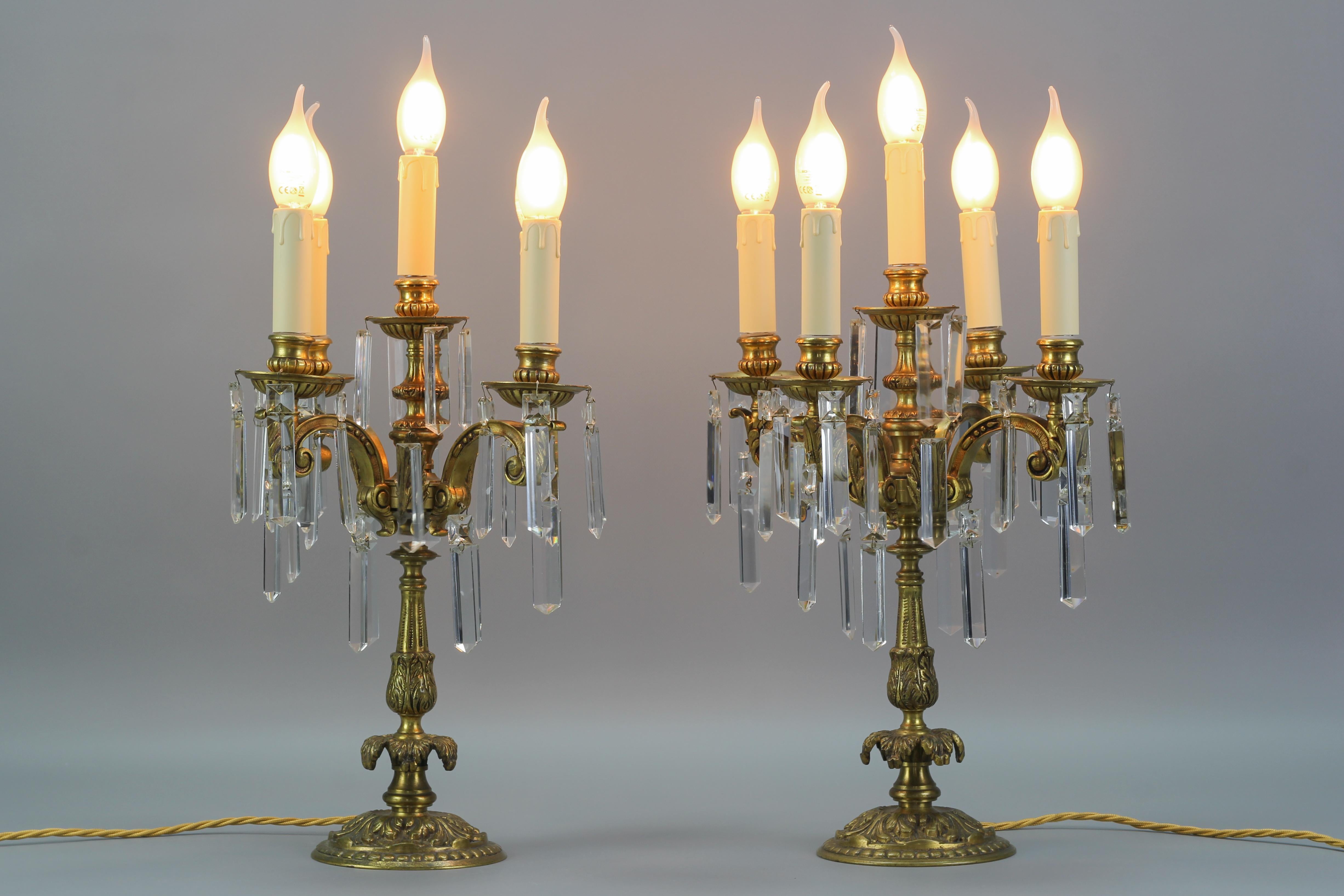 French Louis XVI Style Bronze and Crystal Candelabra Table Lamps, Set of 2 For Sale 16