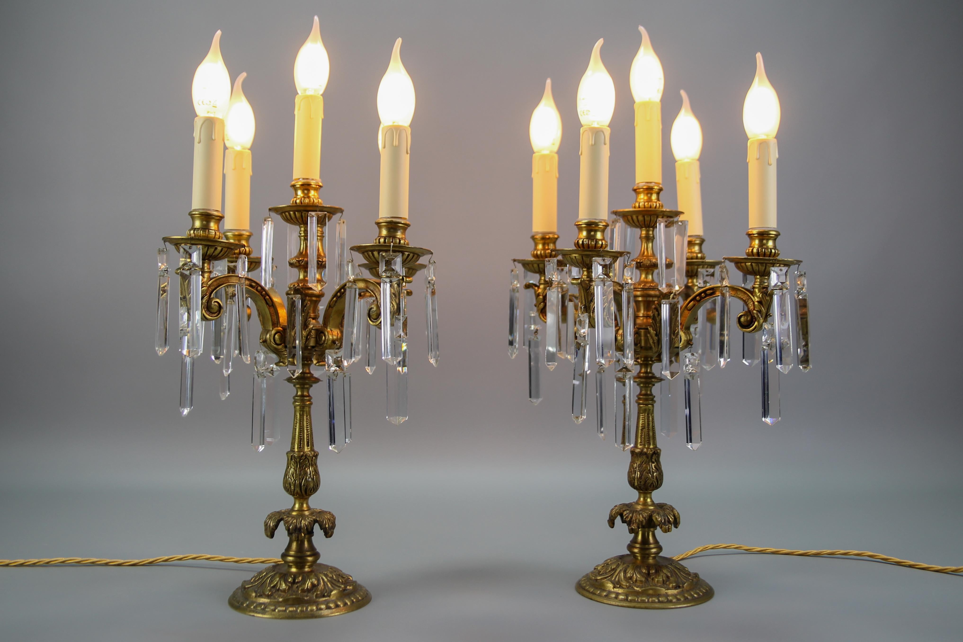French Louis XVI Style Bronze and Crystal Candelabra Table Lamps, Set of 2 In Good Condition For Sale In Barntrup, DE