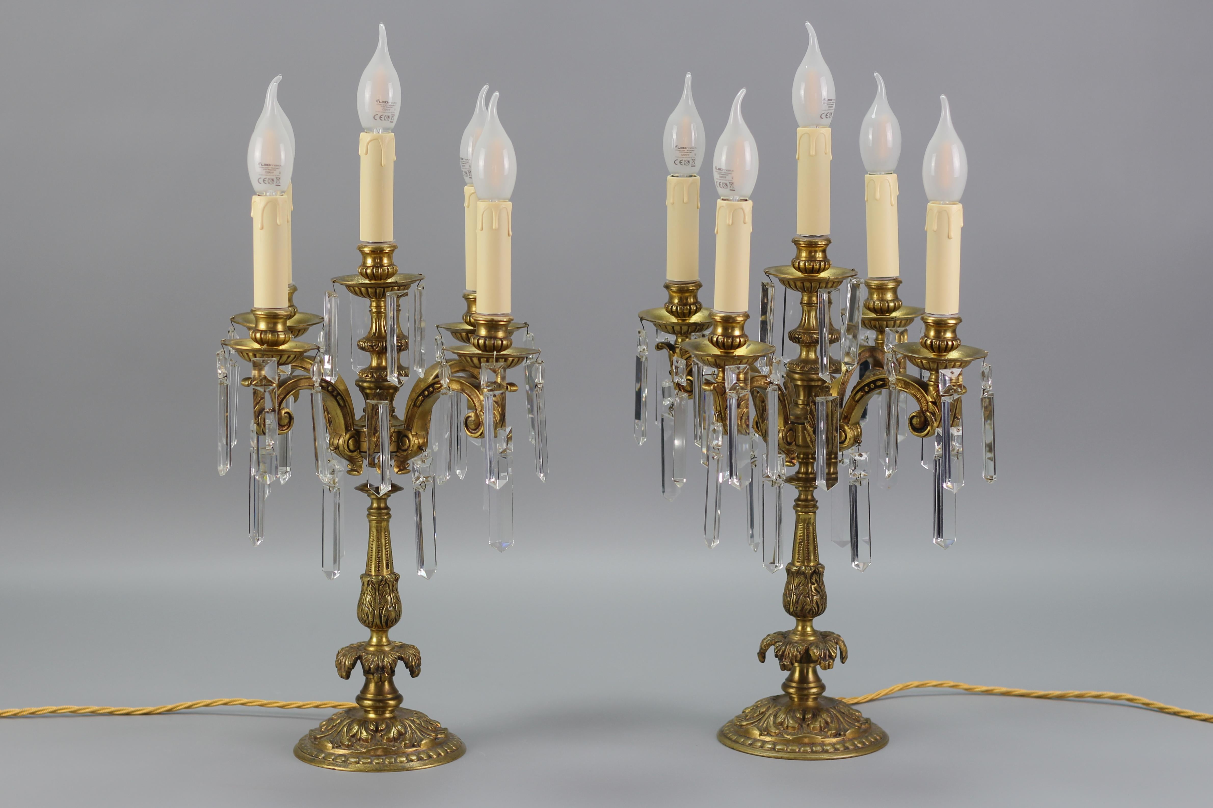 Early 20th Century French Louis XVI Style Bronze and Crystal Candelabra Table Lamps, Set of 2 For Sale