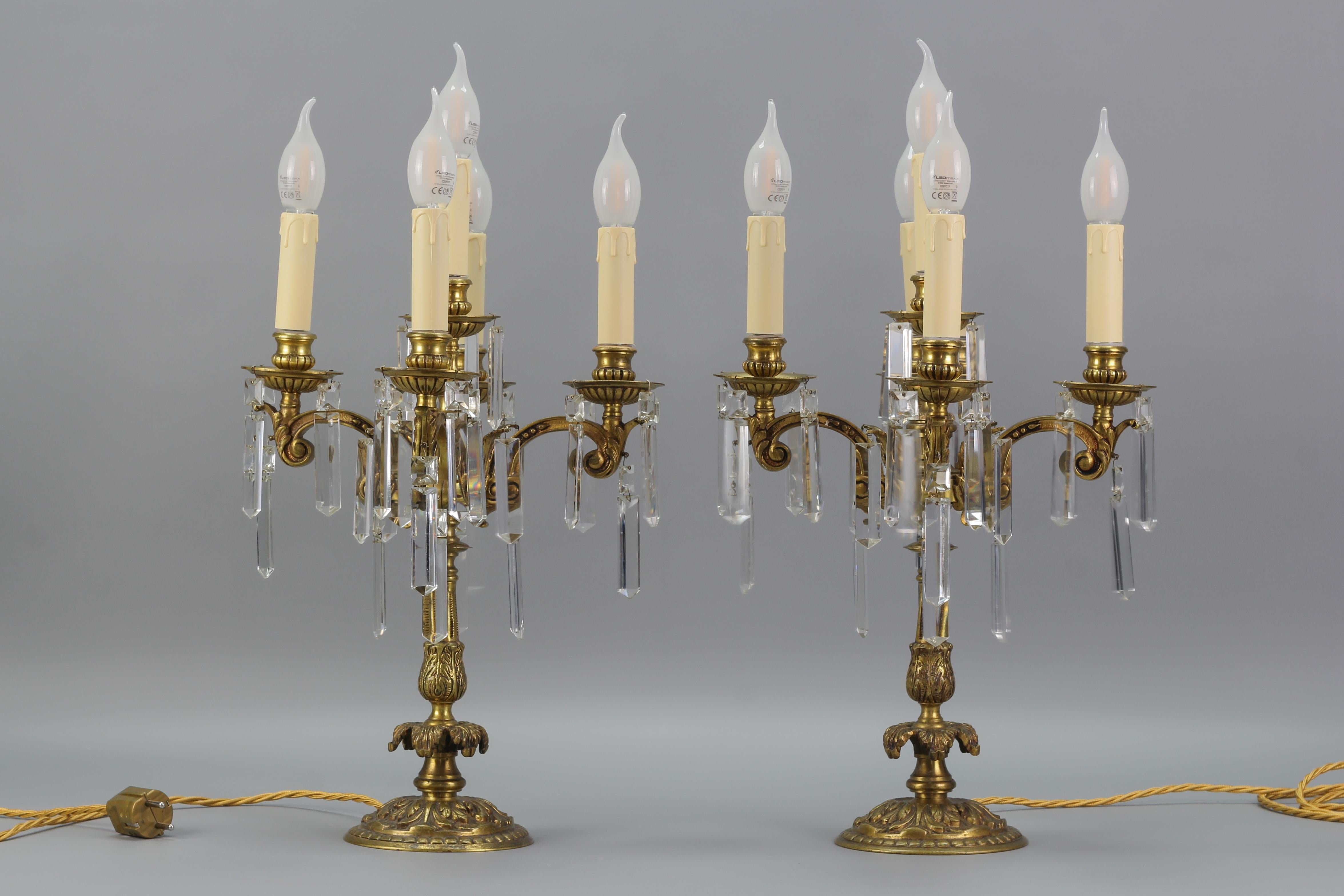 French Louis XVI Style Bronze and Crystal Candelabra Table Lamps, Set of 2 For Sale 1