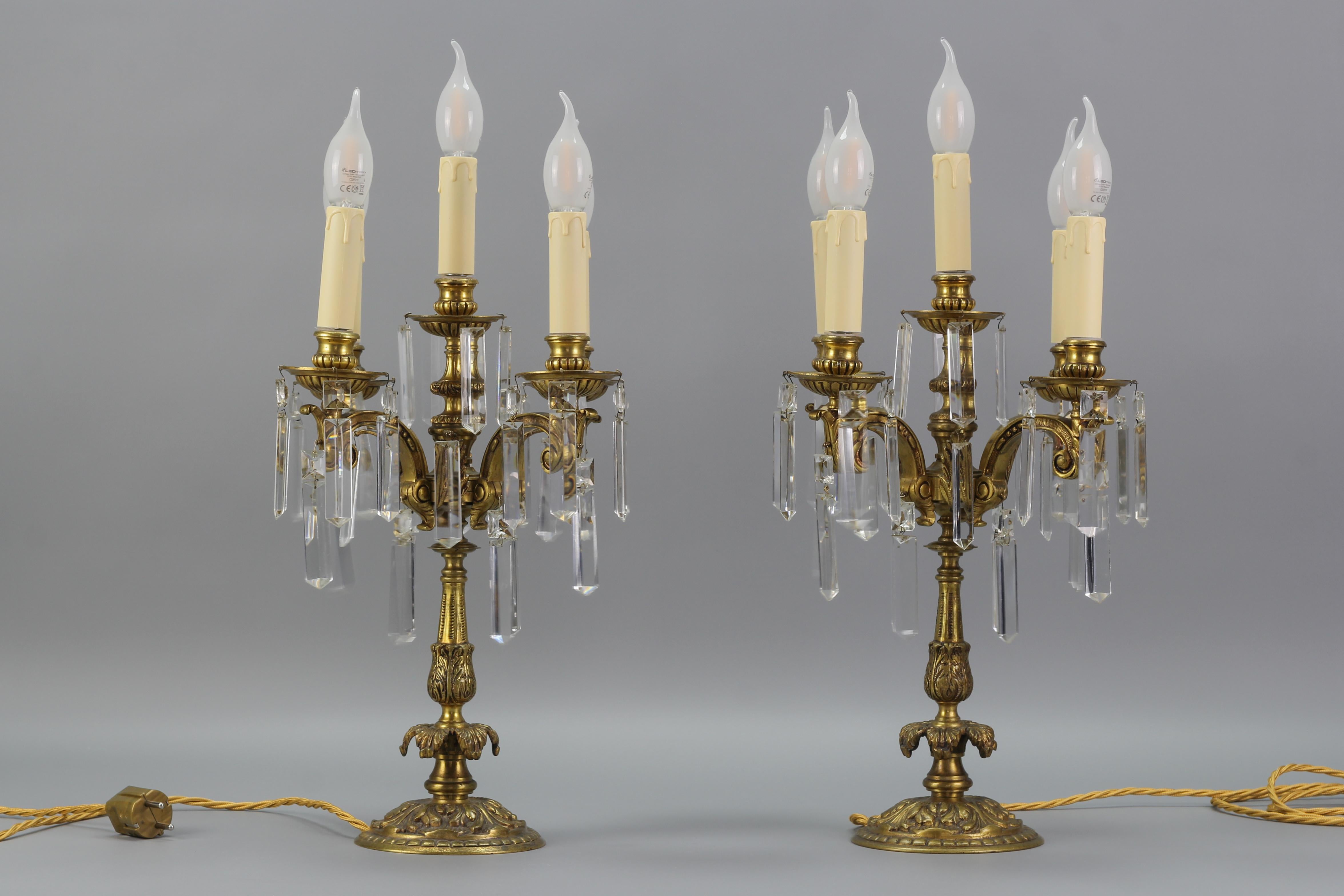 French Louis XVI Style Bronze and Crystal Candelabra Table Lamps, Set of 2 For Sale 2