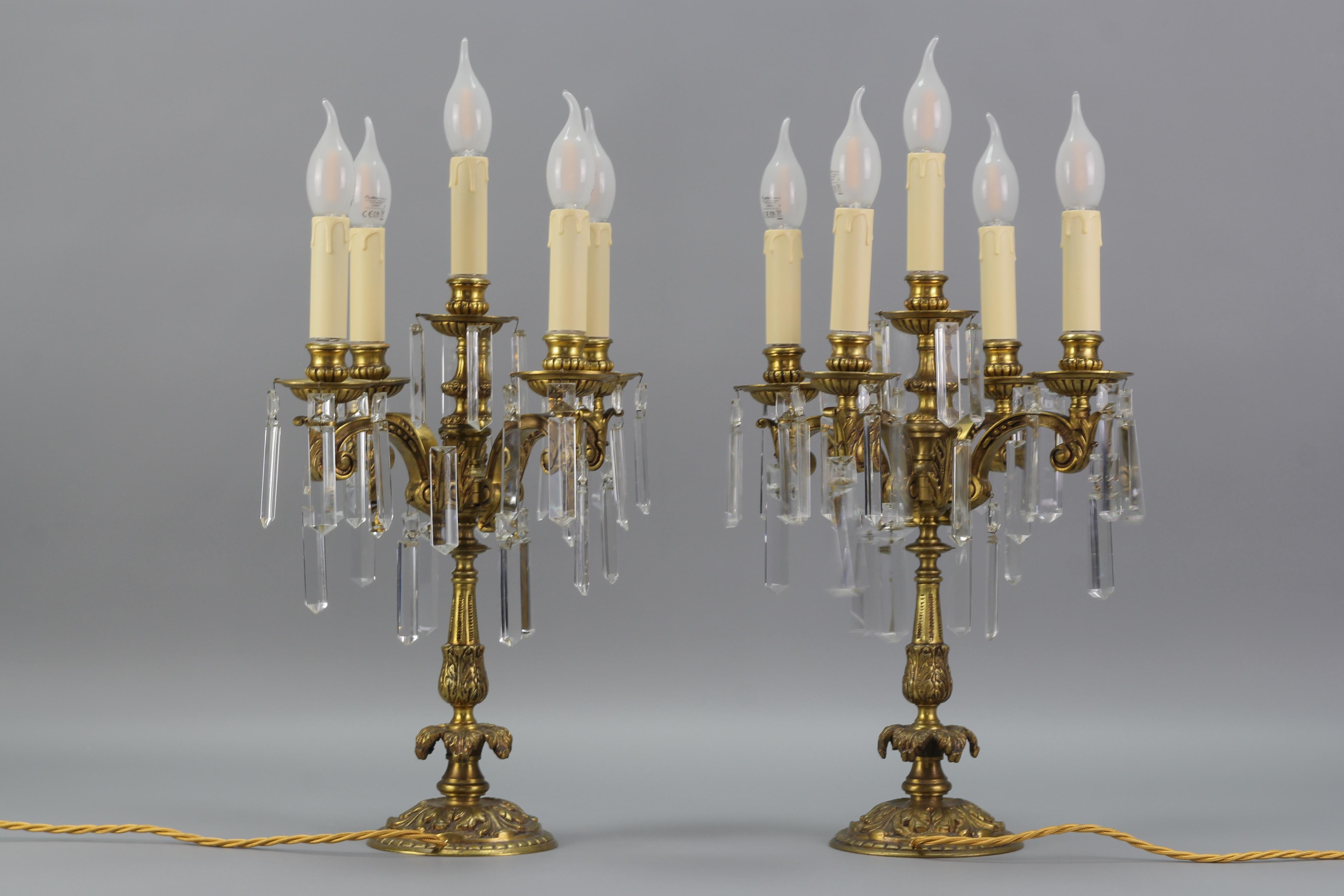 French Louis XVI Style Bronze and Crystal Candelabra Table Lamps, Set of 2 For Sale 3
