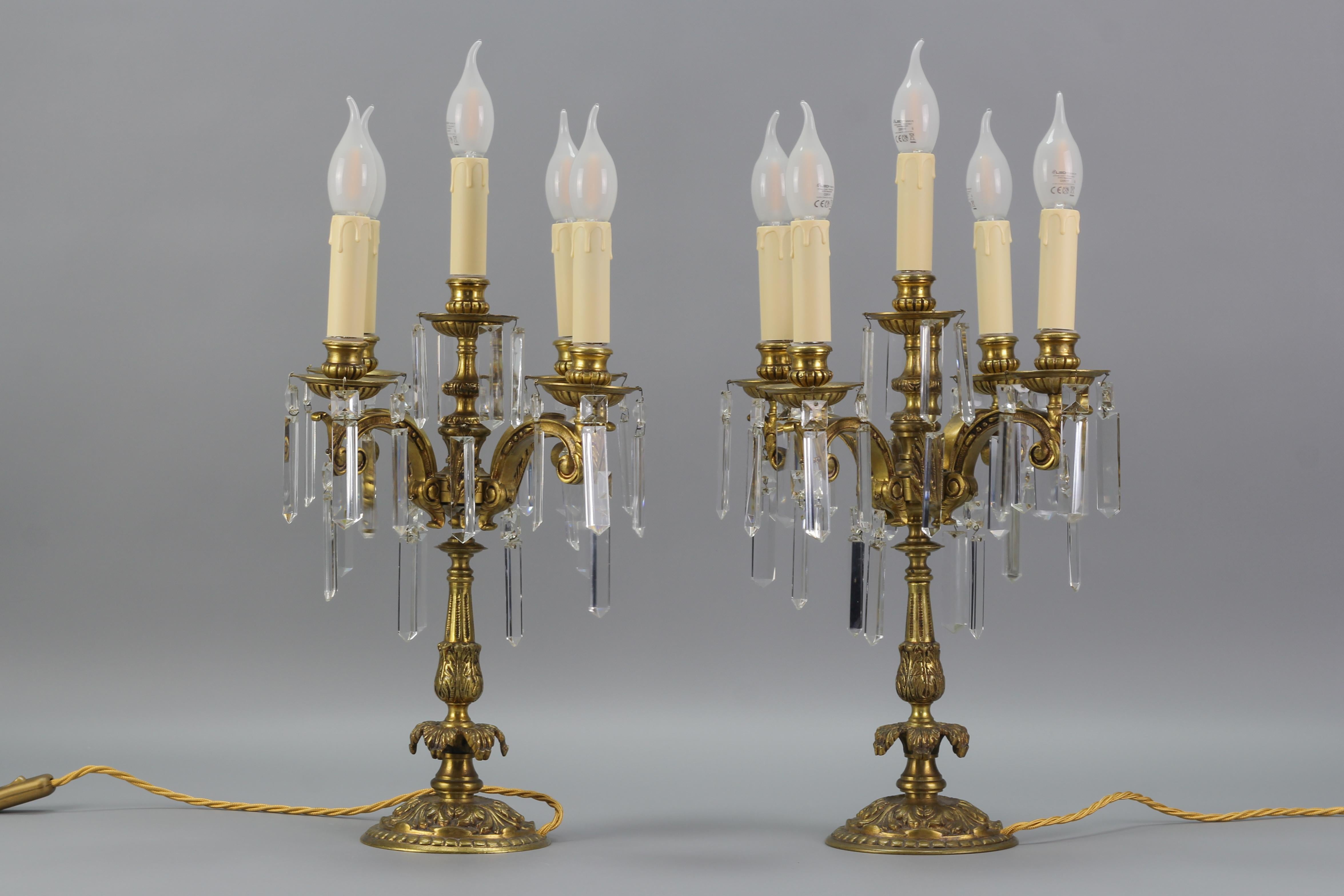 French Louis XVI Style Bronze and Crystal Candelabra Table Lamps, Set of 2 For Sale 4