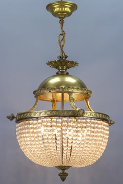 French Louis XVI Style Bronze and Crystal Glass Four-Light Basket Chandelier