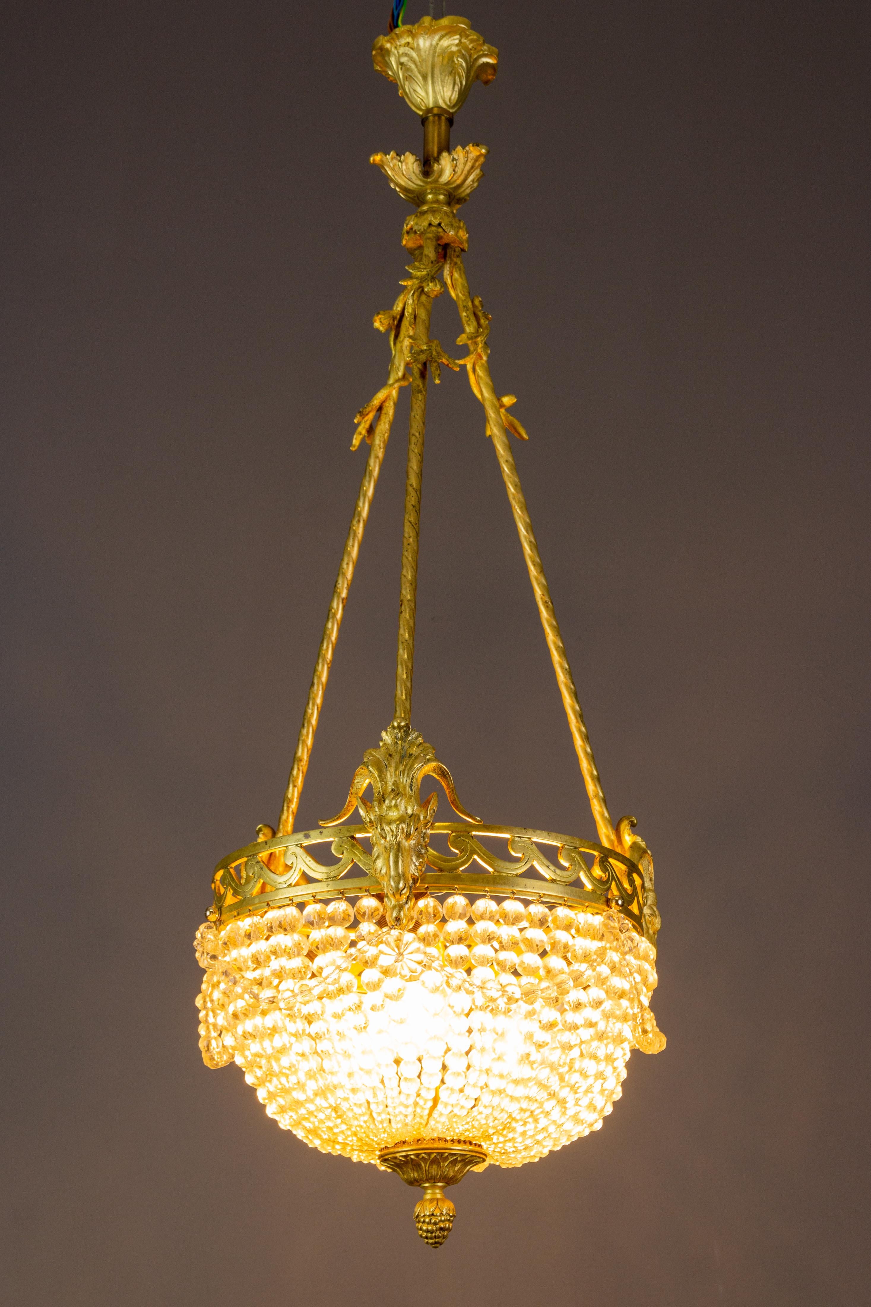 French Louis XVI Style Bronze and Crystal Glass Three-Light Chandelier, 1920s For Sale 8
