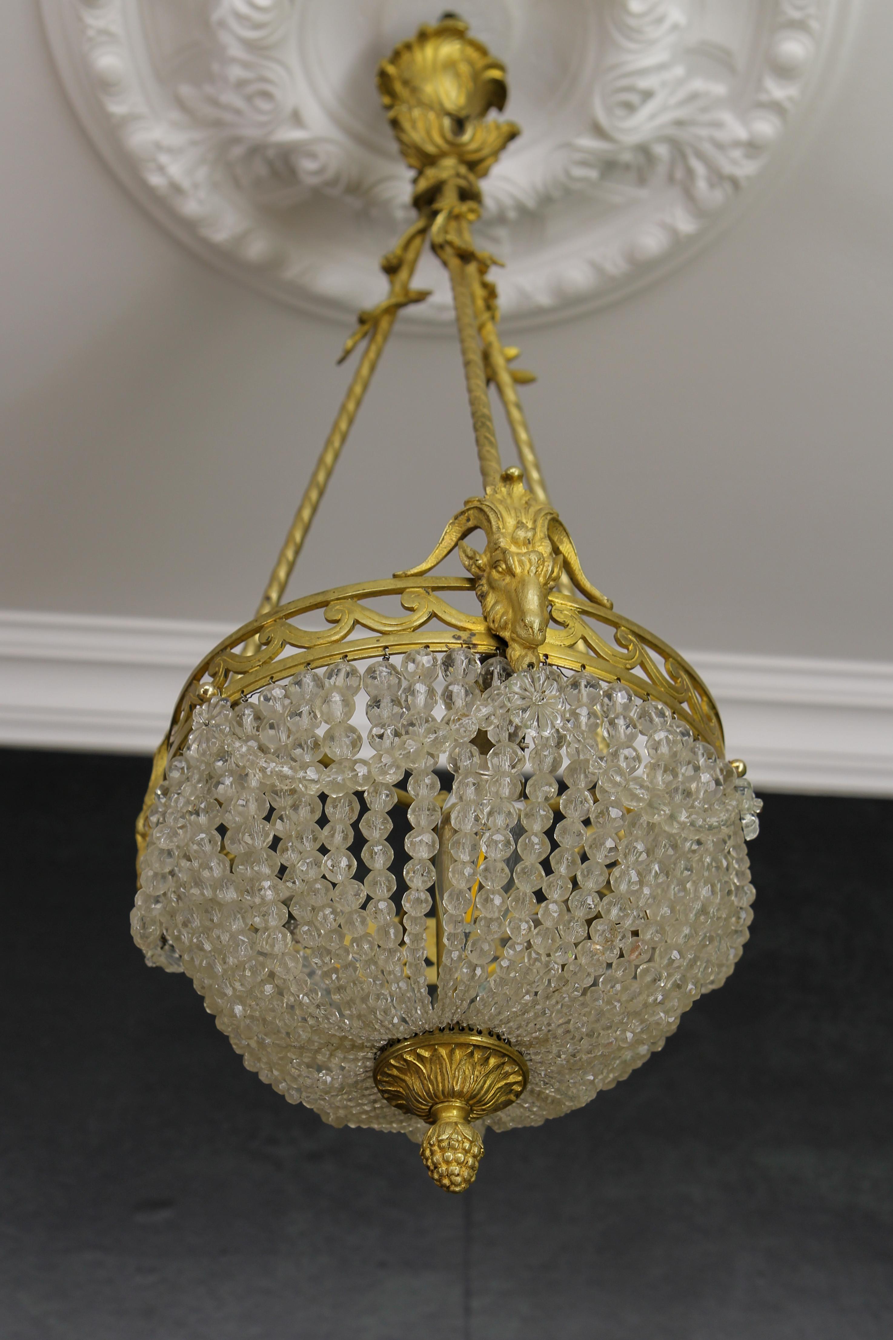 Beaded French Louis XVI Style Bronze and Crystal Glass Three-Light Chandelier, 1920s For Sale
