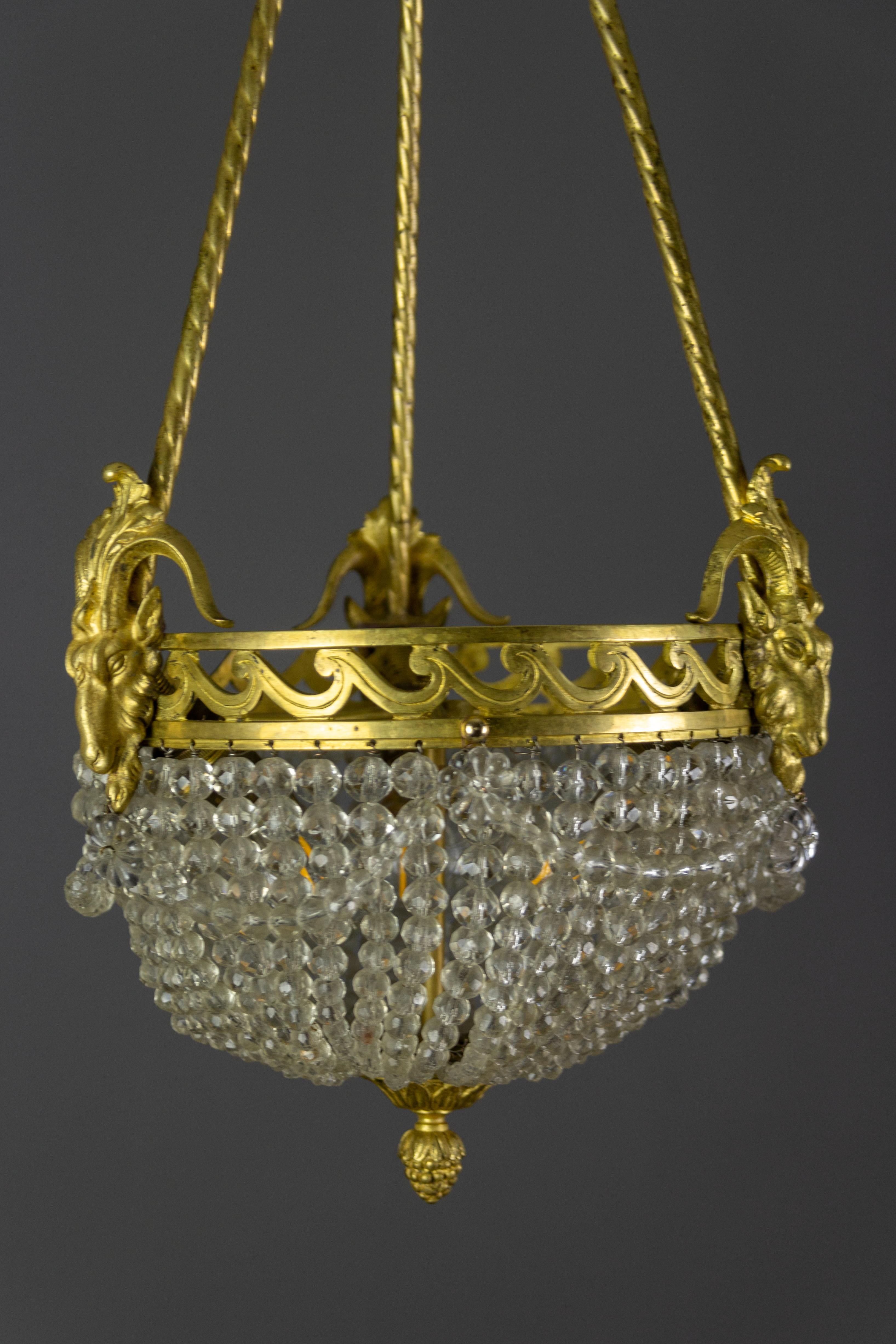 French Louis XVI Style Bronze and Crystal Glass Three-Light Chandelier, 1920s For Sale 4