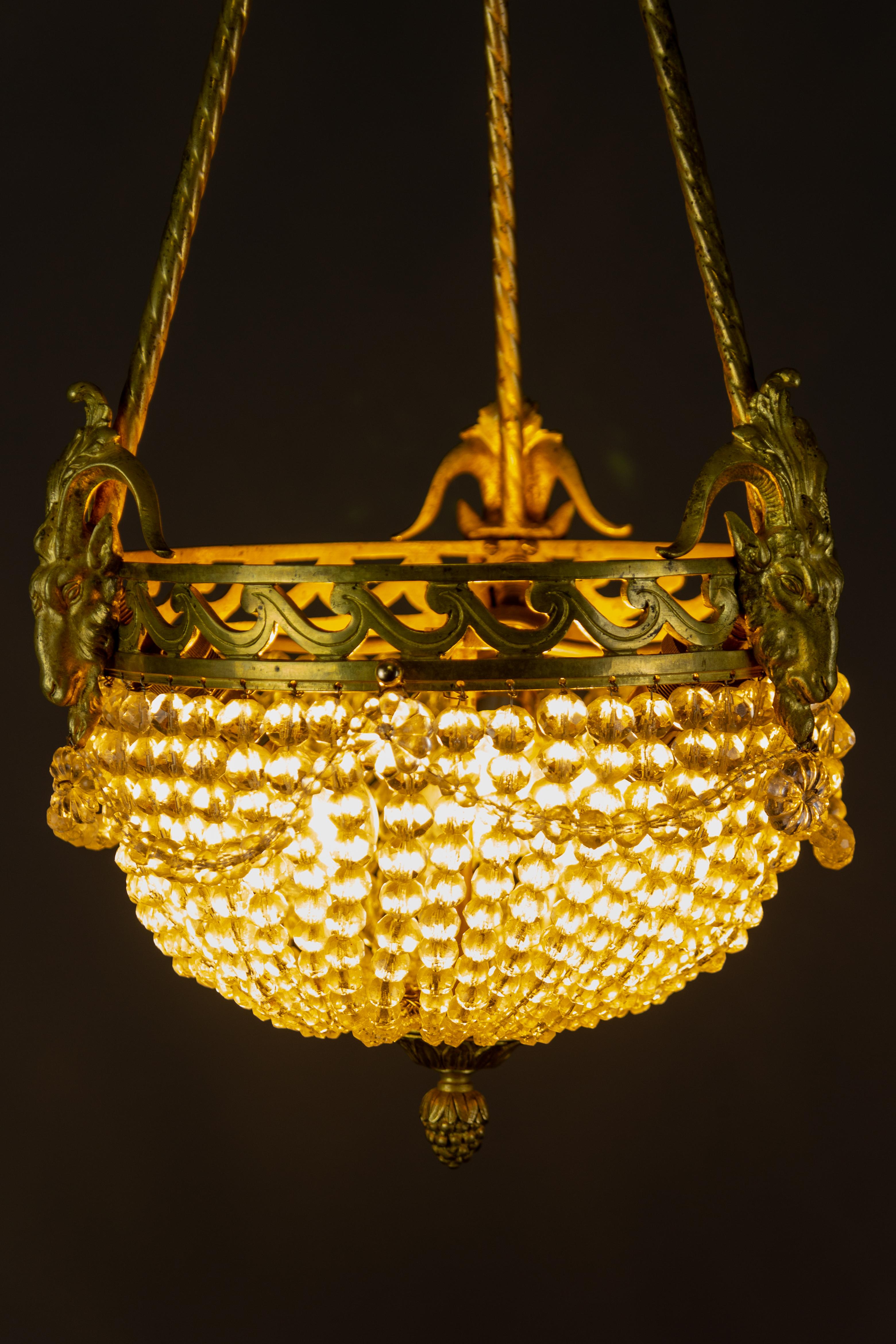 French Louis XVI Style Bronze and Crystal Glass Three-Light Chandelier, 1920s For Sale 5