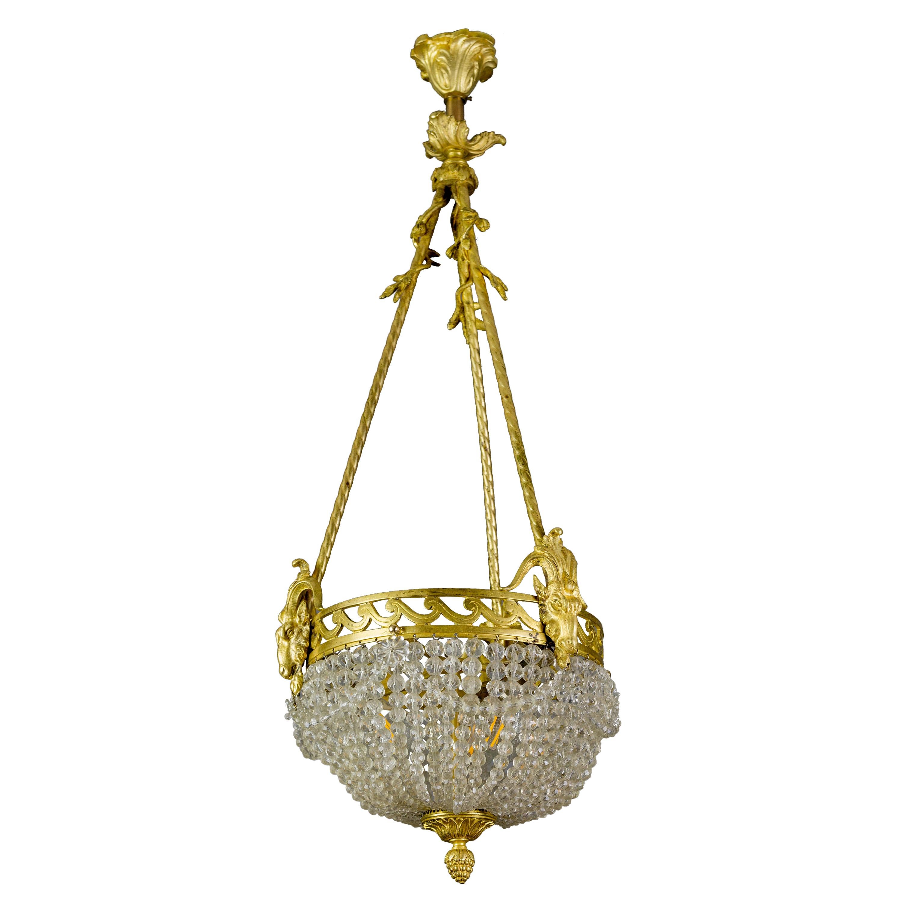 French Louis XVI Style Bronze and Crystal Glass Three-Light Chandelier, 1920s For Sale