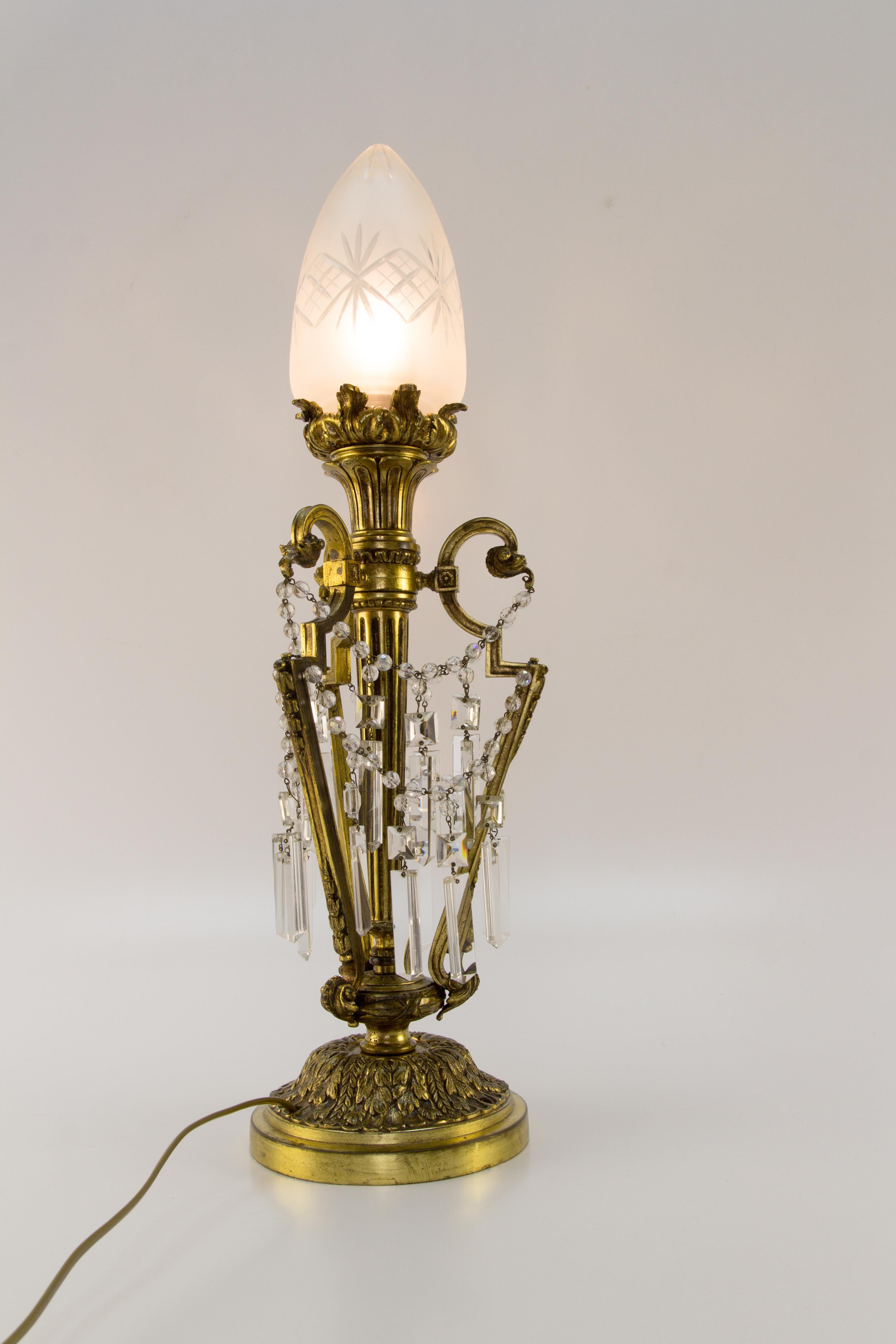 Frosted French Louis XVI Style Bronze and Crystal Newel Post Lamp 