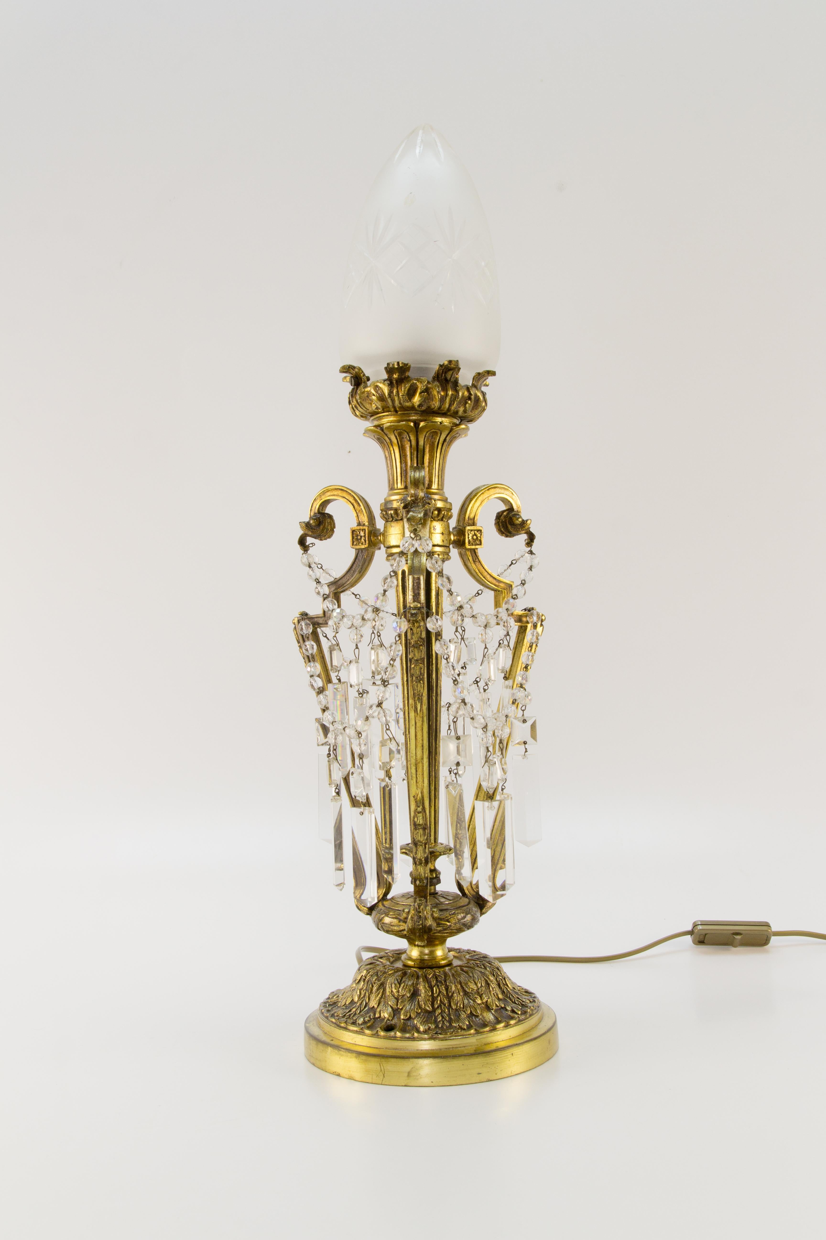 Early 20th Century French Louis XVI Style Bronze and Crystal Newel Post Lamp 