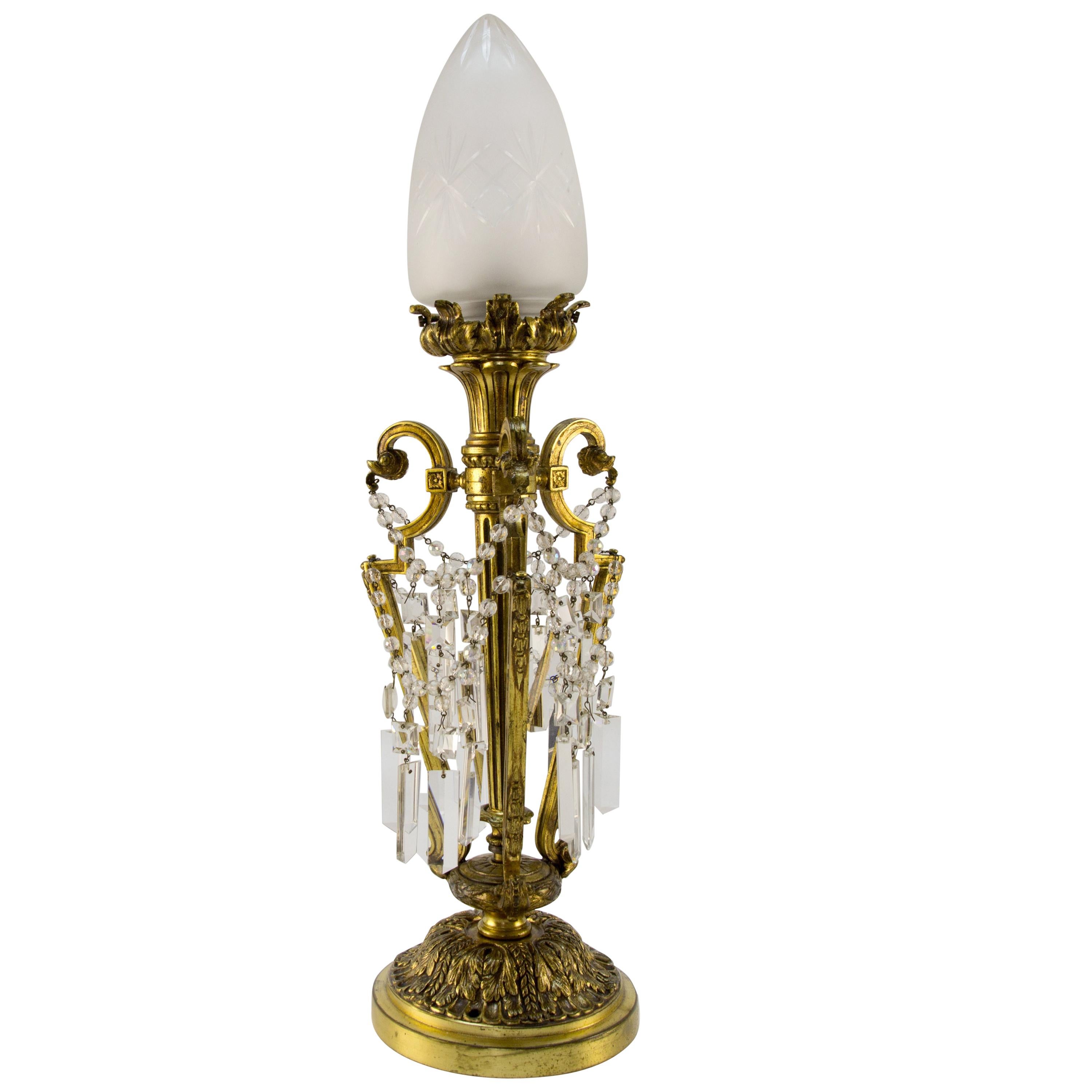 French Louis XVI Style Bronze and Crystal Newel Post Lamp 