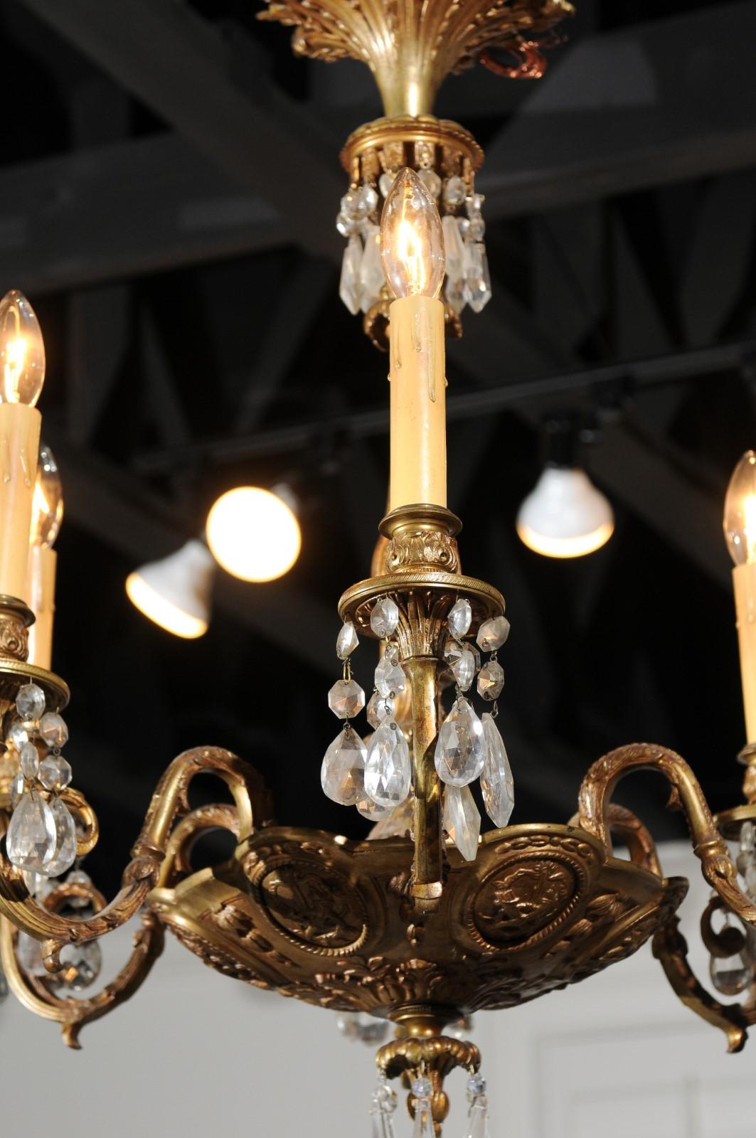 19th Century French Louis XVI Style Bronze and Crystal Six-Light Chandelier with Foliage