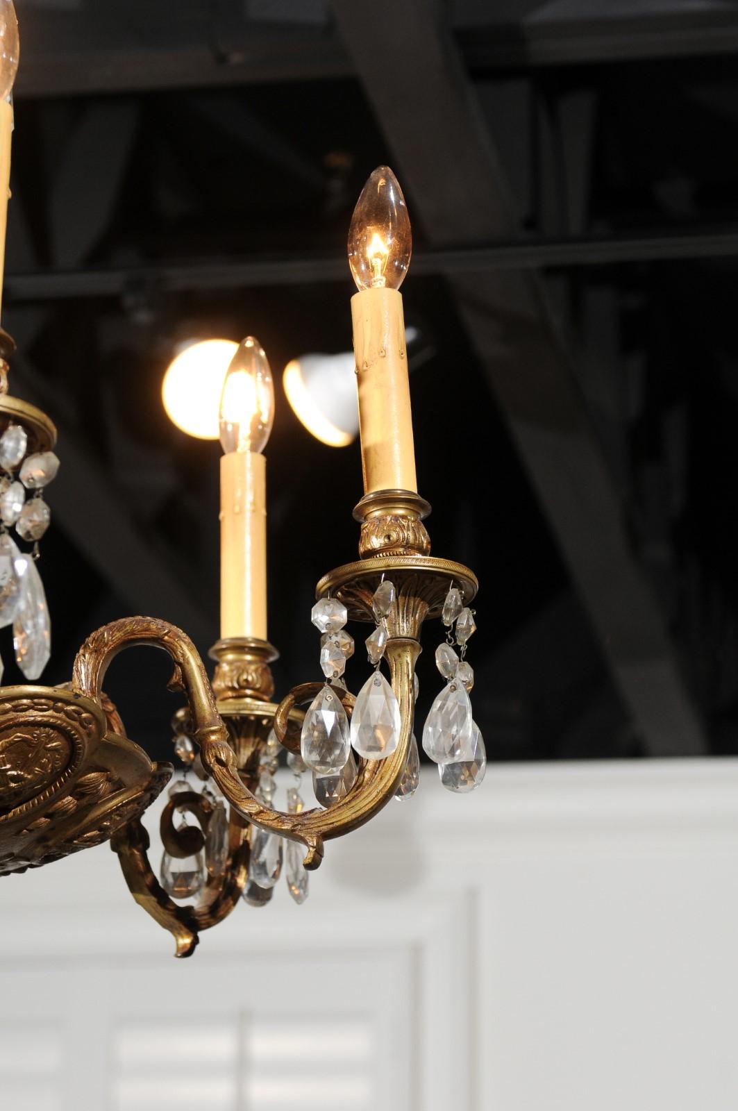 French Louis XVI Style Bronze and Crystal Six-Light Chandelier with Foliage 2