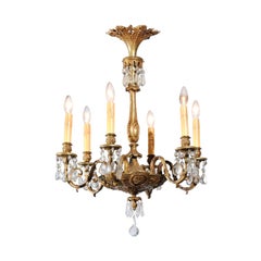 French Louis XVI Style Bronze and Crystal Six-Light Chandelier with Foliage
