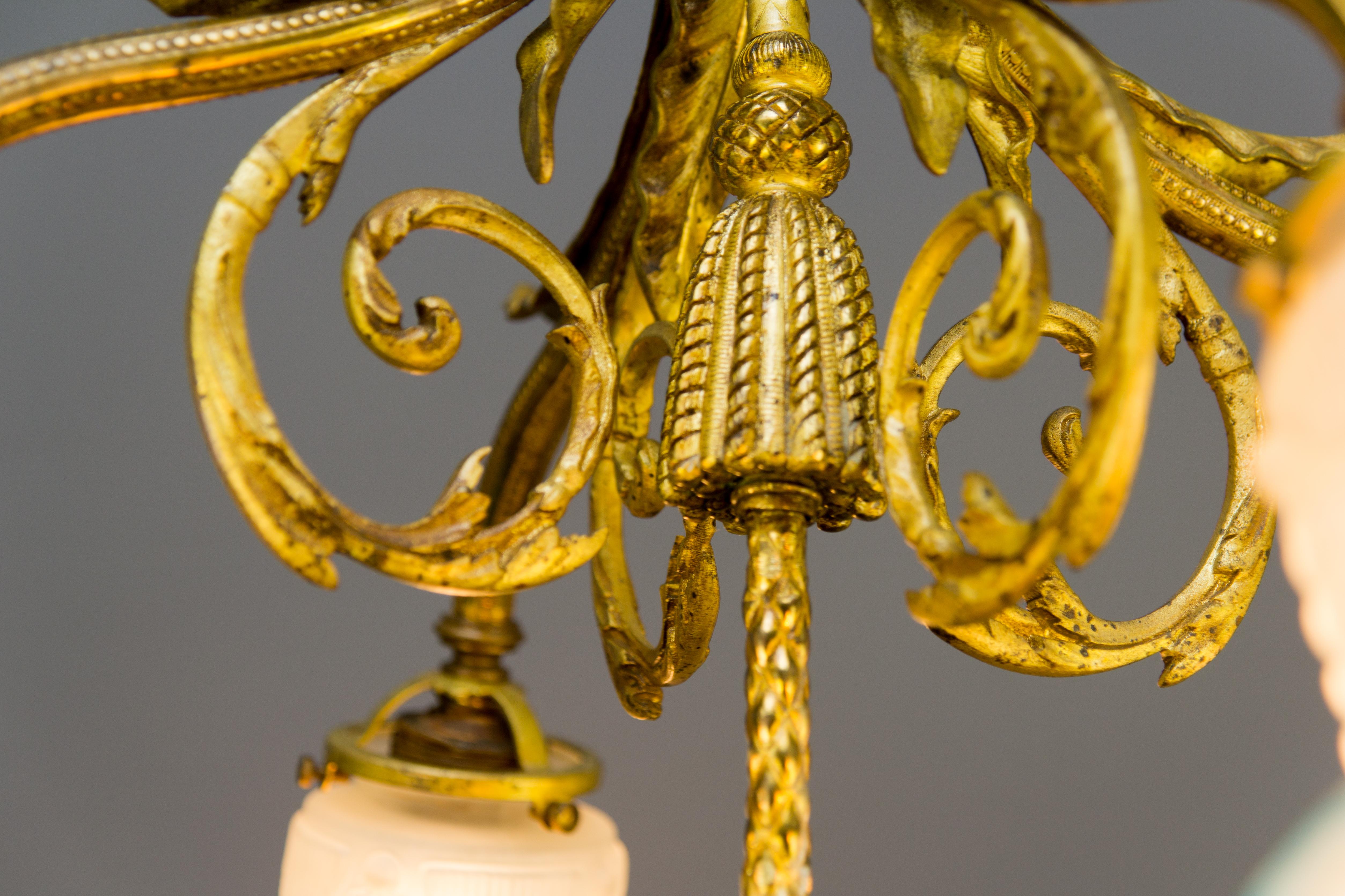 French Louis XVI Style Bronze and Frosted Glass Five-Light Chandelier, 1920s 7