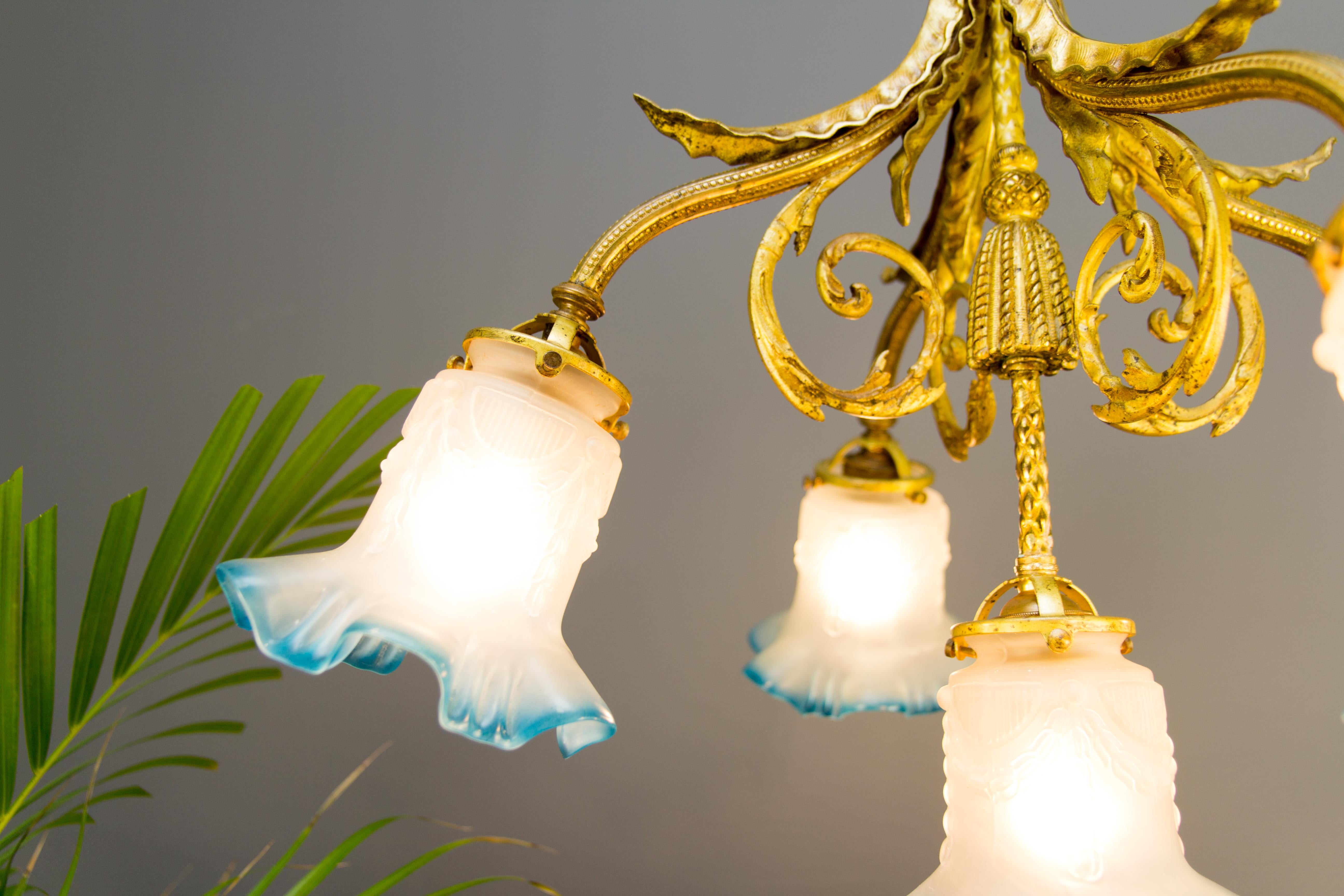 French Louis XVI Style Bronze and Frosted Glass Five-Light Chandelier, 1920s 9