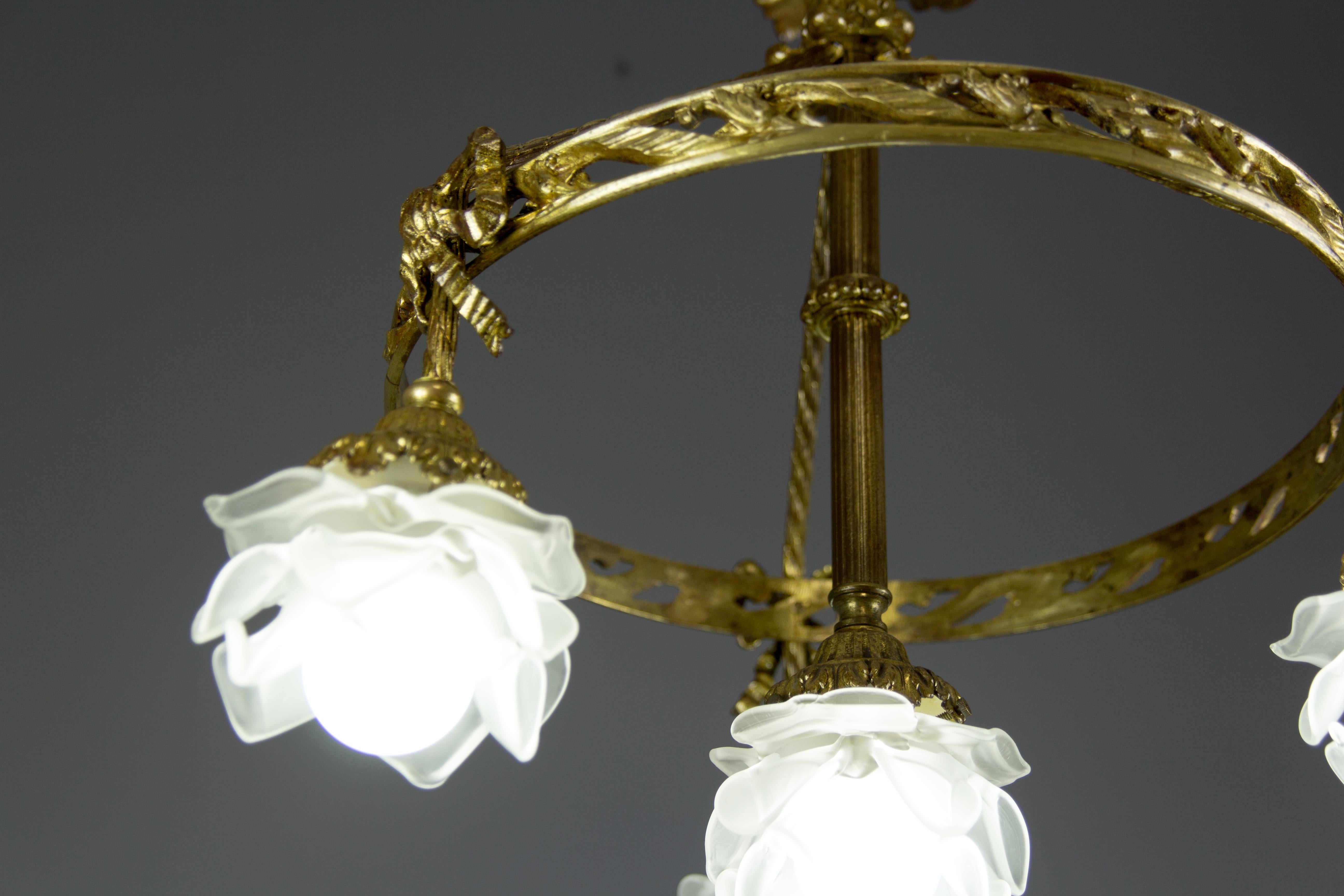 French Louis XVI Style Bronze and Frosted Glass Four-Light Chandelier, 1920s 6