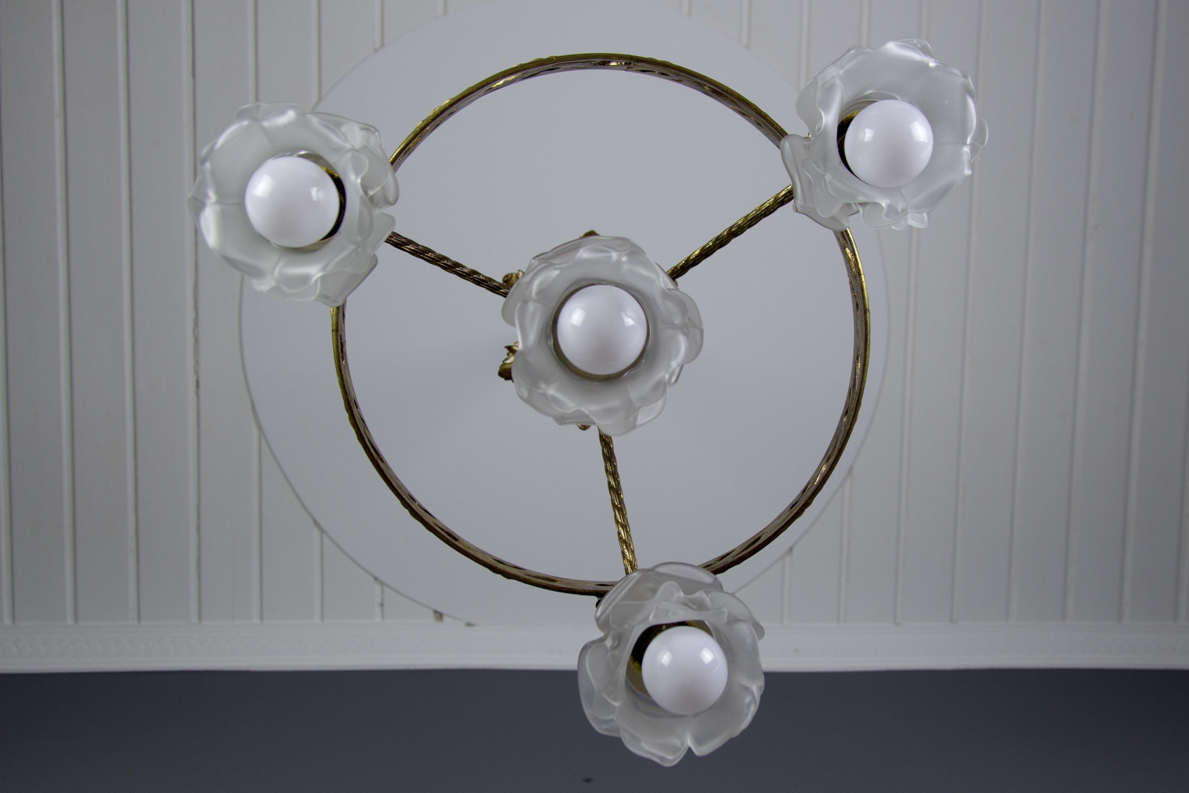 French Louis XVI Style Bronze and Frosted Glass Four-Light Chandelier, 1920s 7