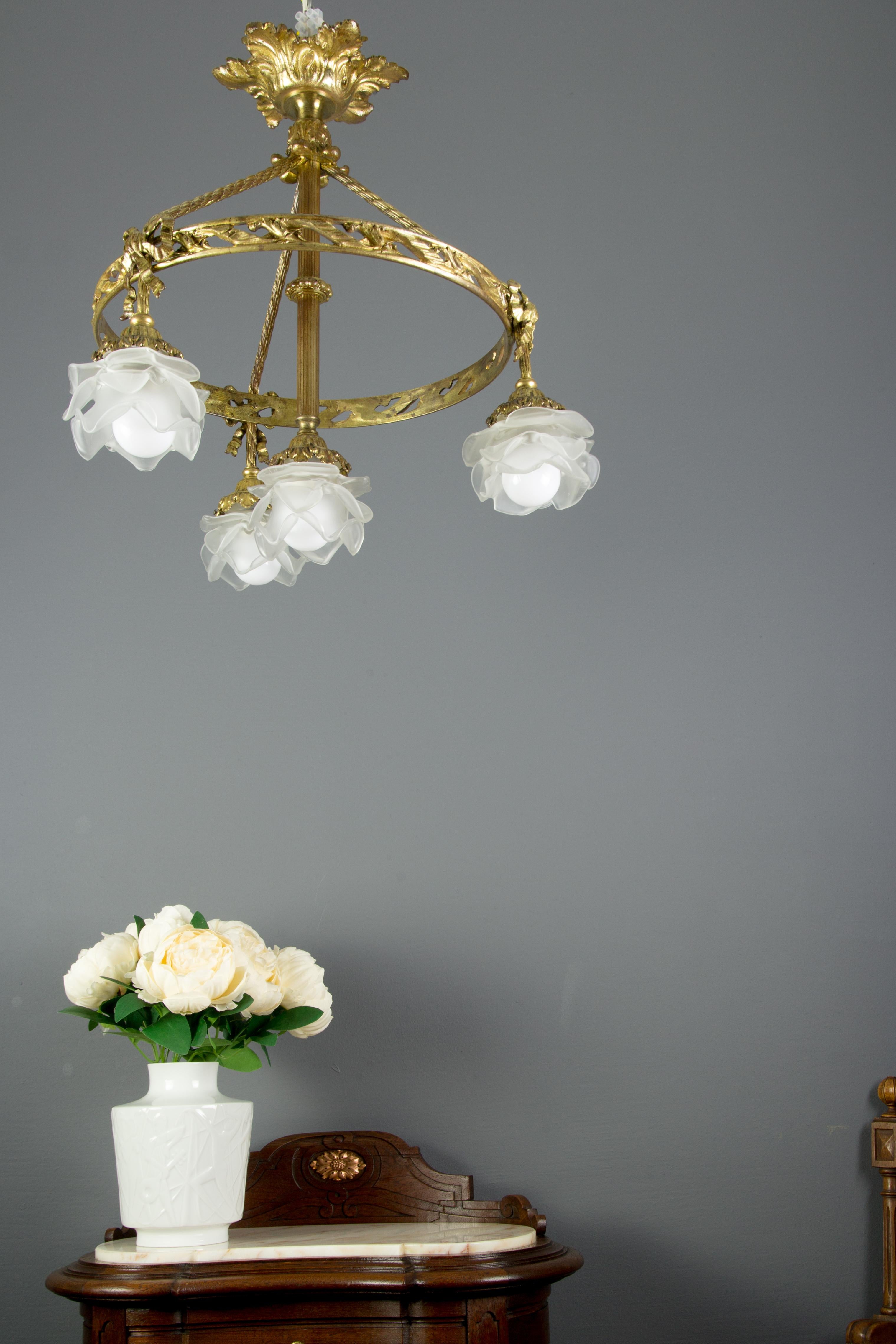 Early 20th Century French Louis XVI Style Bronze and Frosted Glass Four-Light Chandelier, 1920s