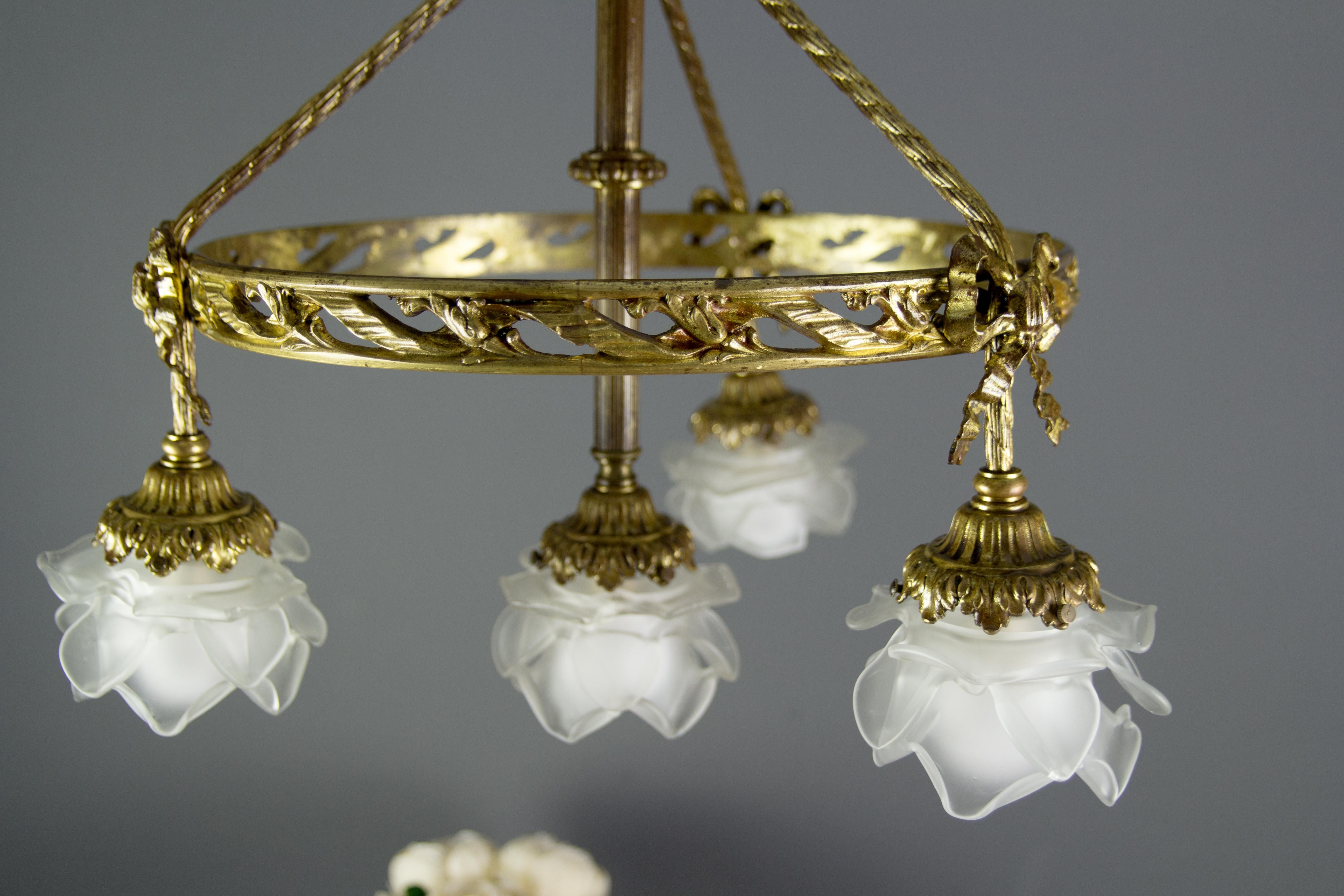French Louis XVI Style Bronze and Frosted Glass Four-Light Chandelier, 1920s 1