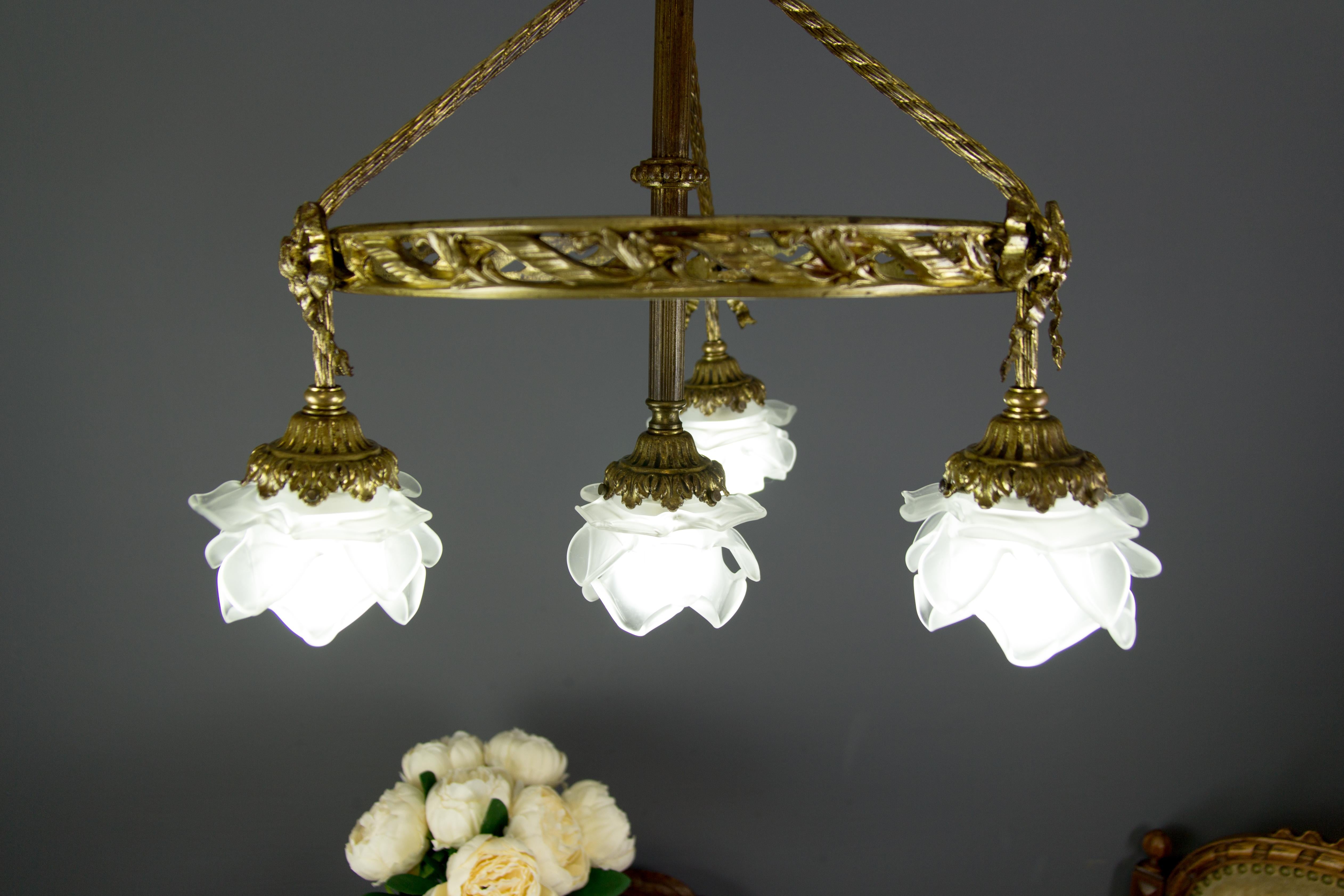 French Louis XVI Style Bronze and Frosted Glass Four-Light Chandelier, 1920s 2