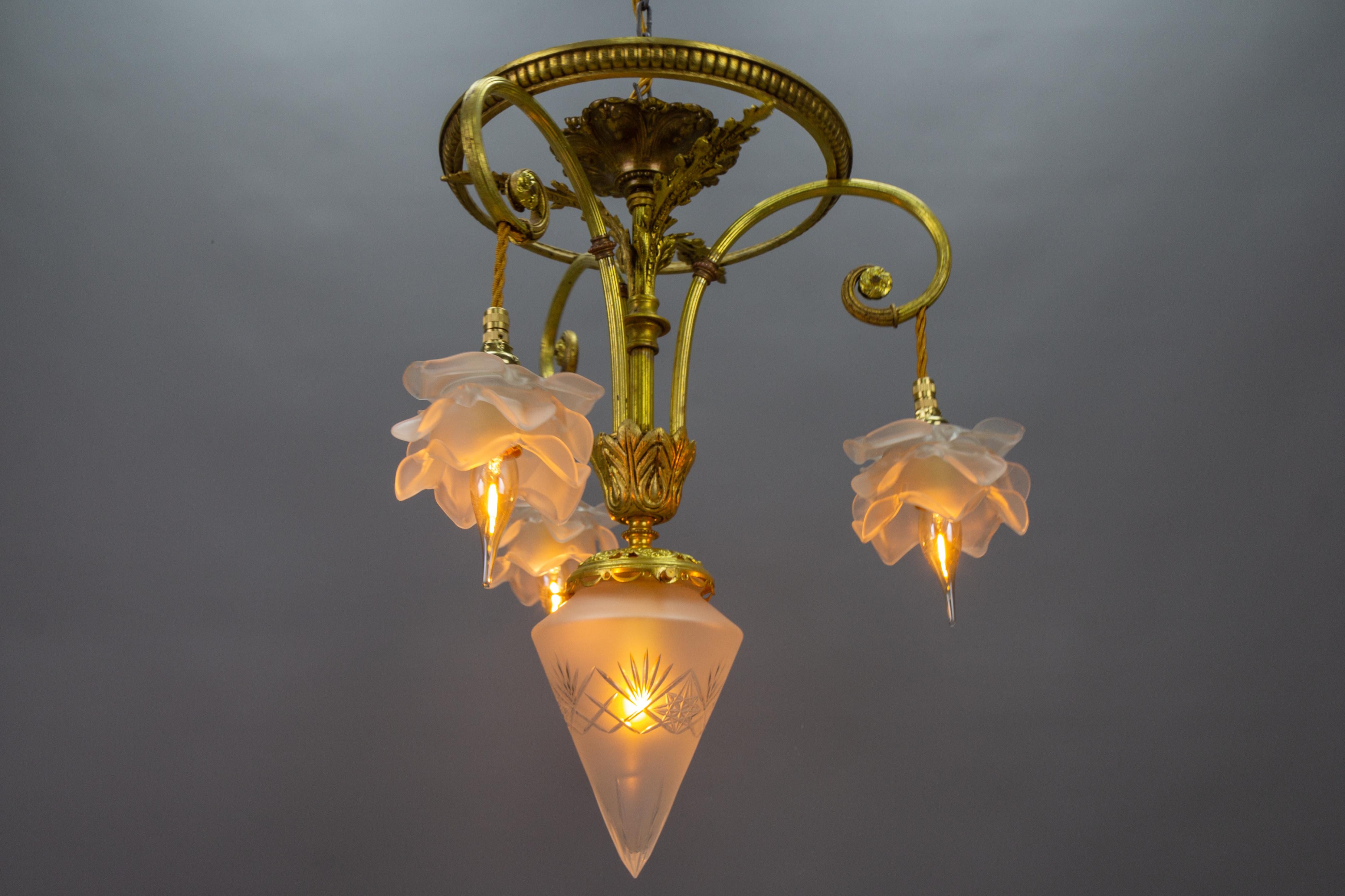 French Louis XVI Style Bronze and Frosted Glass Four-Light Pendant Chandelier For Sale 9
